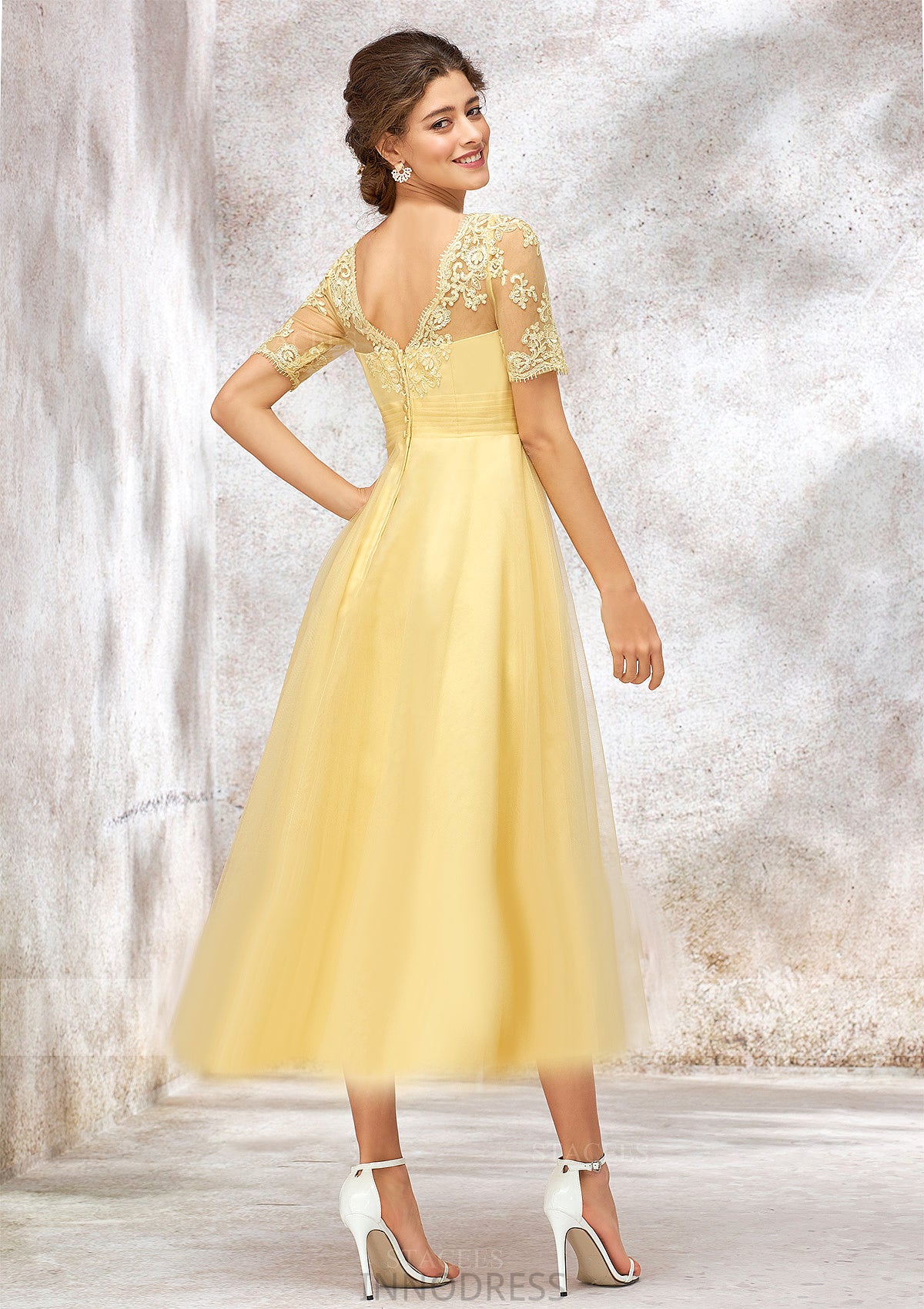 Short Sleeve A-line/Princess Tulle Bateau Bridesmaid Dresses With Lace Appliqued Jaida DPP0025351