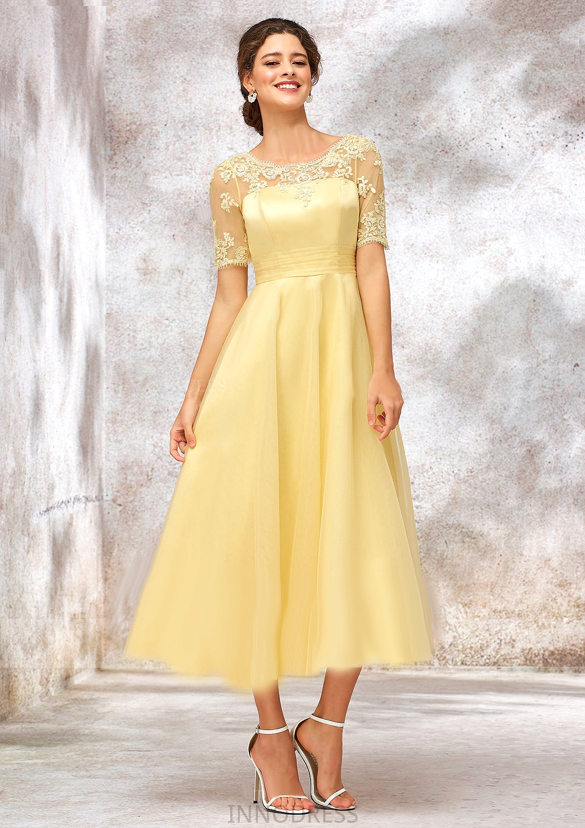 Short Sleeve A-line/Princess Tulle Bateau Bridesmaid Dresses With Lace Appliqued Jaida DPP0025351