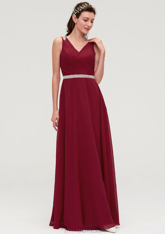 V Neck Sleeveless Chiffon A-line/Princess Long/Floor-Length Bridesmaid Dresseses With Waistband Beading Pleated Esperanza DPP0025355