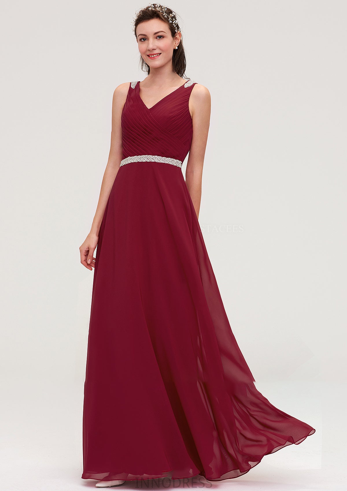 V Neck Sleeveless Chiffon A-line/Princess Long/Floor-Length Bridesmaid Dresseses With Waistband Beading Pleated Esperanza DPP0025355