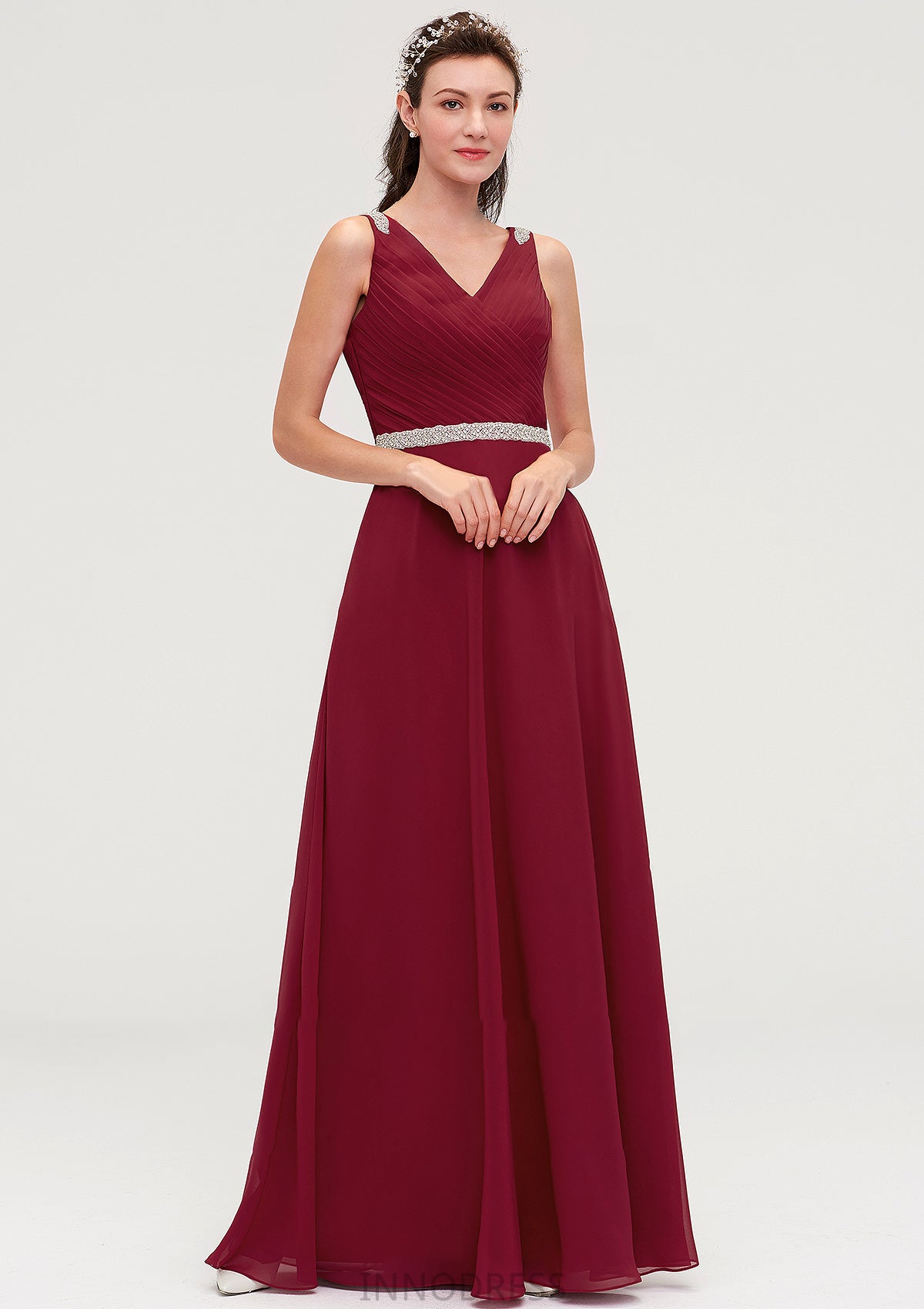 V Neck Sleeveless Chiffon A-line/Princess Long/Floor-Length Bridesmaid Dresseses With Waistband Beading Pleated Esperanza DPP0025355