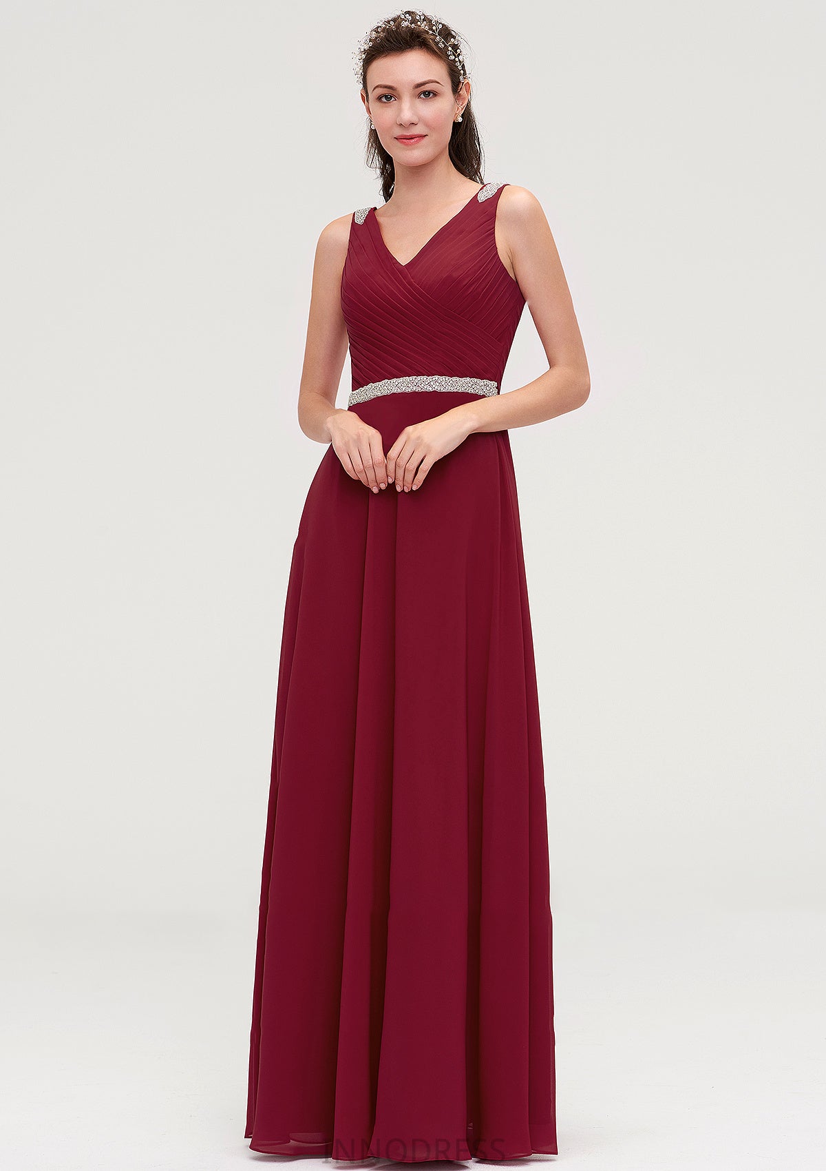 V Neck Sleeveless Chiffon A-line/Princess Long/Floor-Length Bridesmaid Dresseses With Waistband Beading Pleated Esperanza DPP0025355