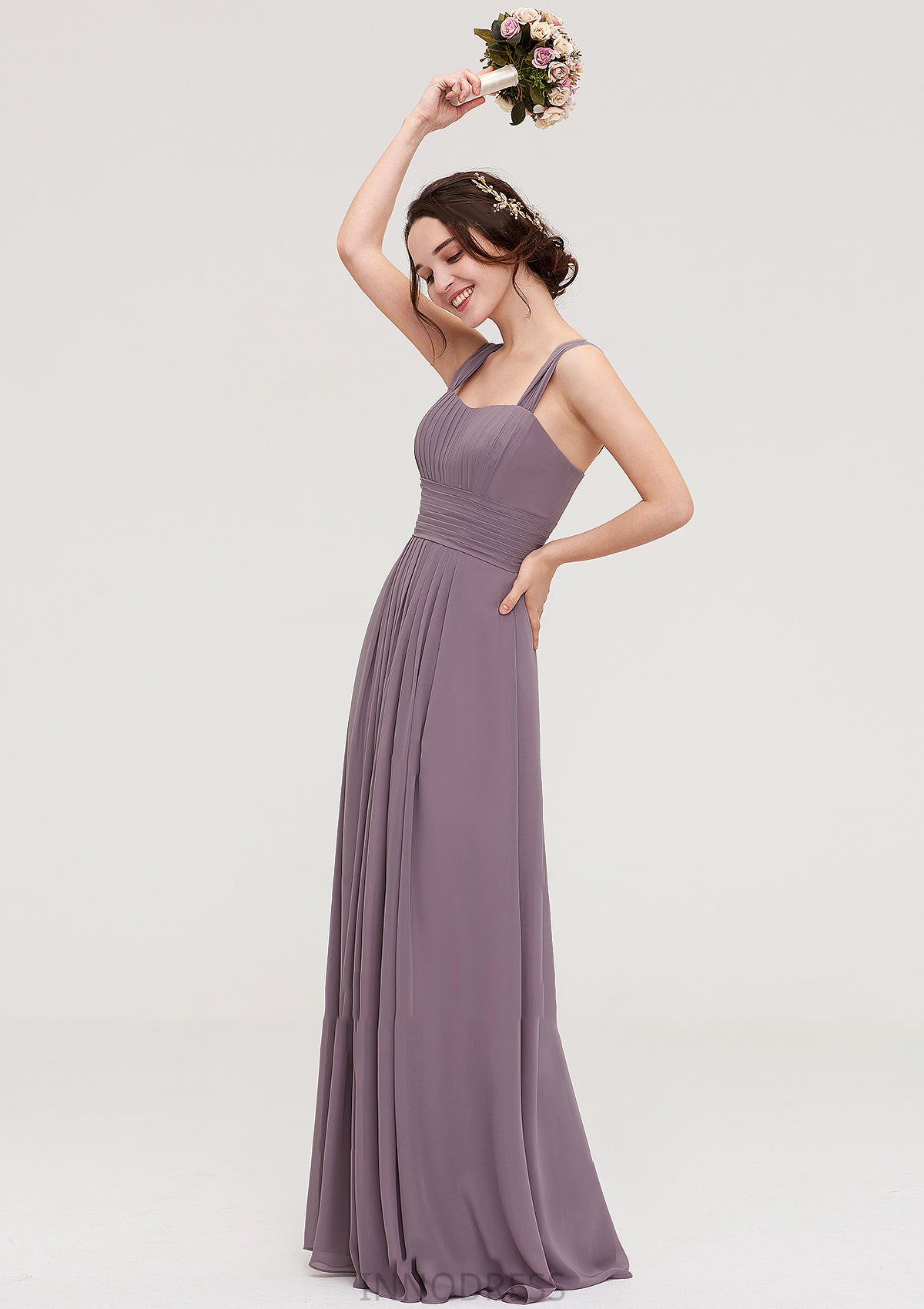 Square Neckline Sleeveless Chiffon Long/Floor-Length A-line/Princess Bridesmaid Dresses With Pleated Mikayla DPP0025356