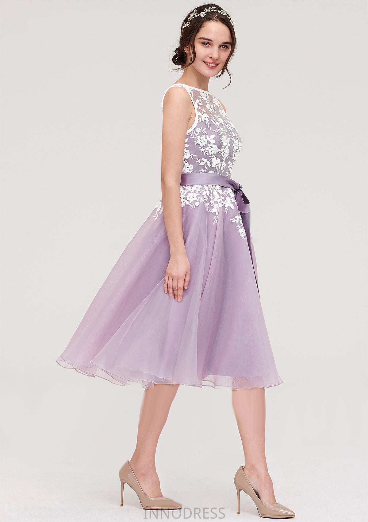 Bateau Sleeveless Organza Knee-Length A-line/Princess Bridesmaid Dresses With Sashes Lace Perla DPP0025358