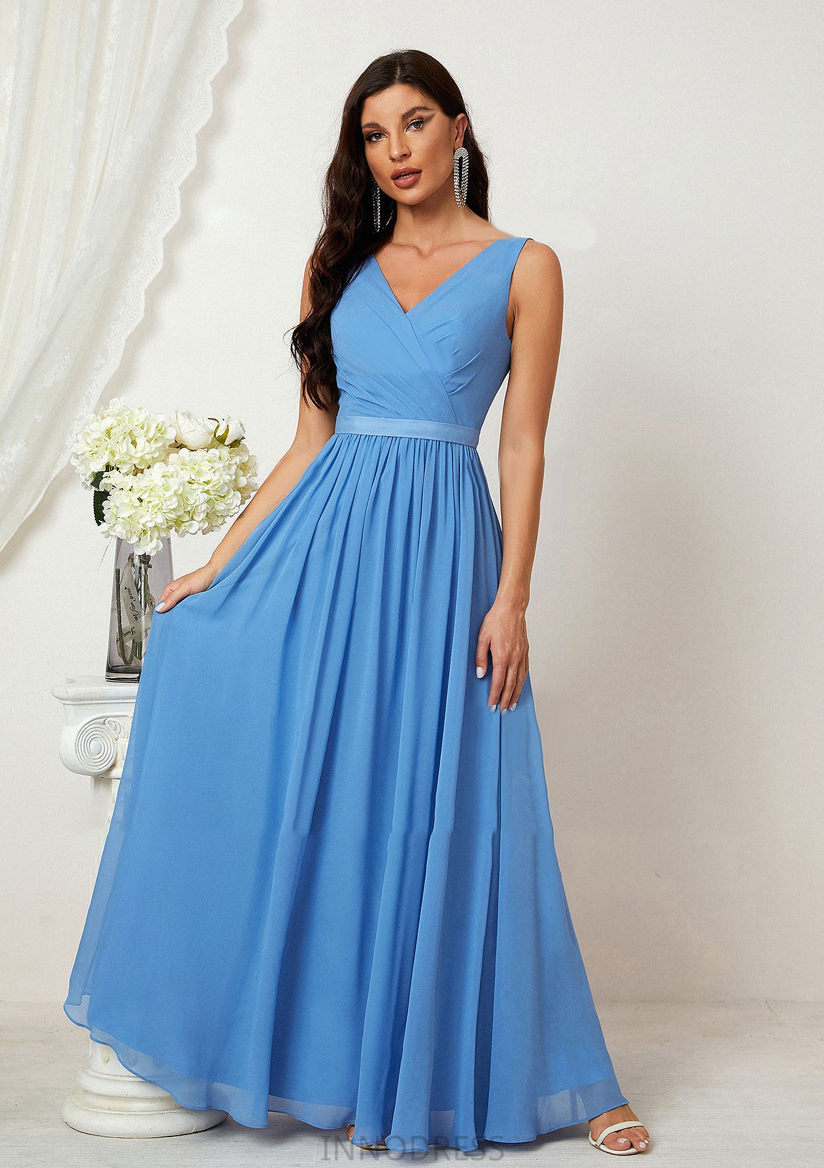 A-line V Neck Sleeveless Chiffon Long/Floor-Length Bridesmaid Dresses With Pleated Danika DPP0025360