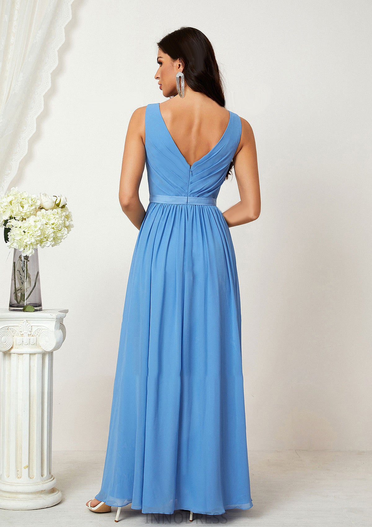 A-line V Neck Sleeveless Chiffon Long/Floor-Length Bridesmaid Dresses With Pleated Danika DPP0025360