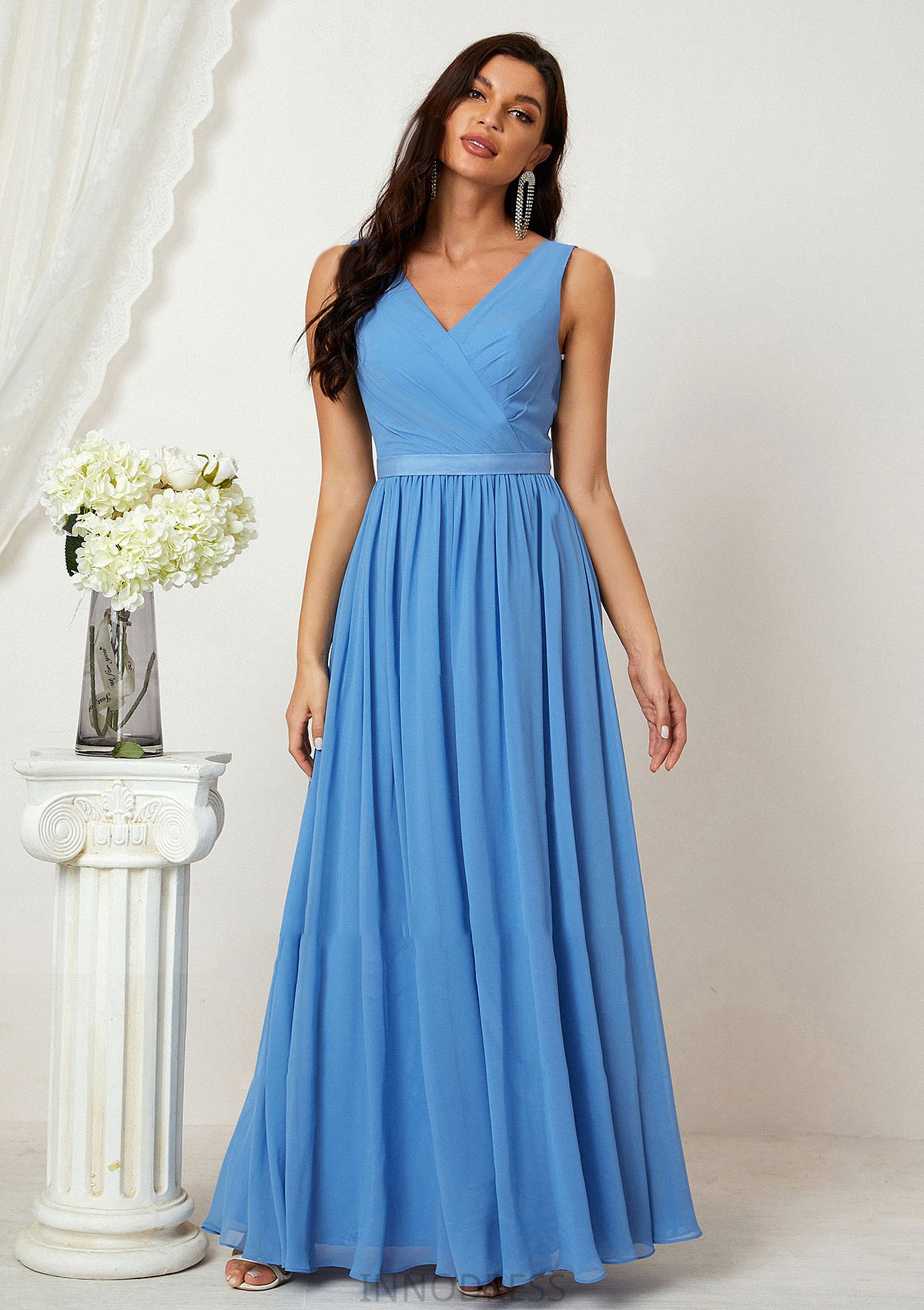 A-line V Neck Sleeveless Chiffon Long/Floor-Length Bridesmaid Dresses With Pleated Danika DPP0025360