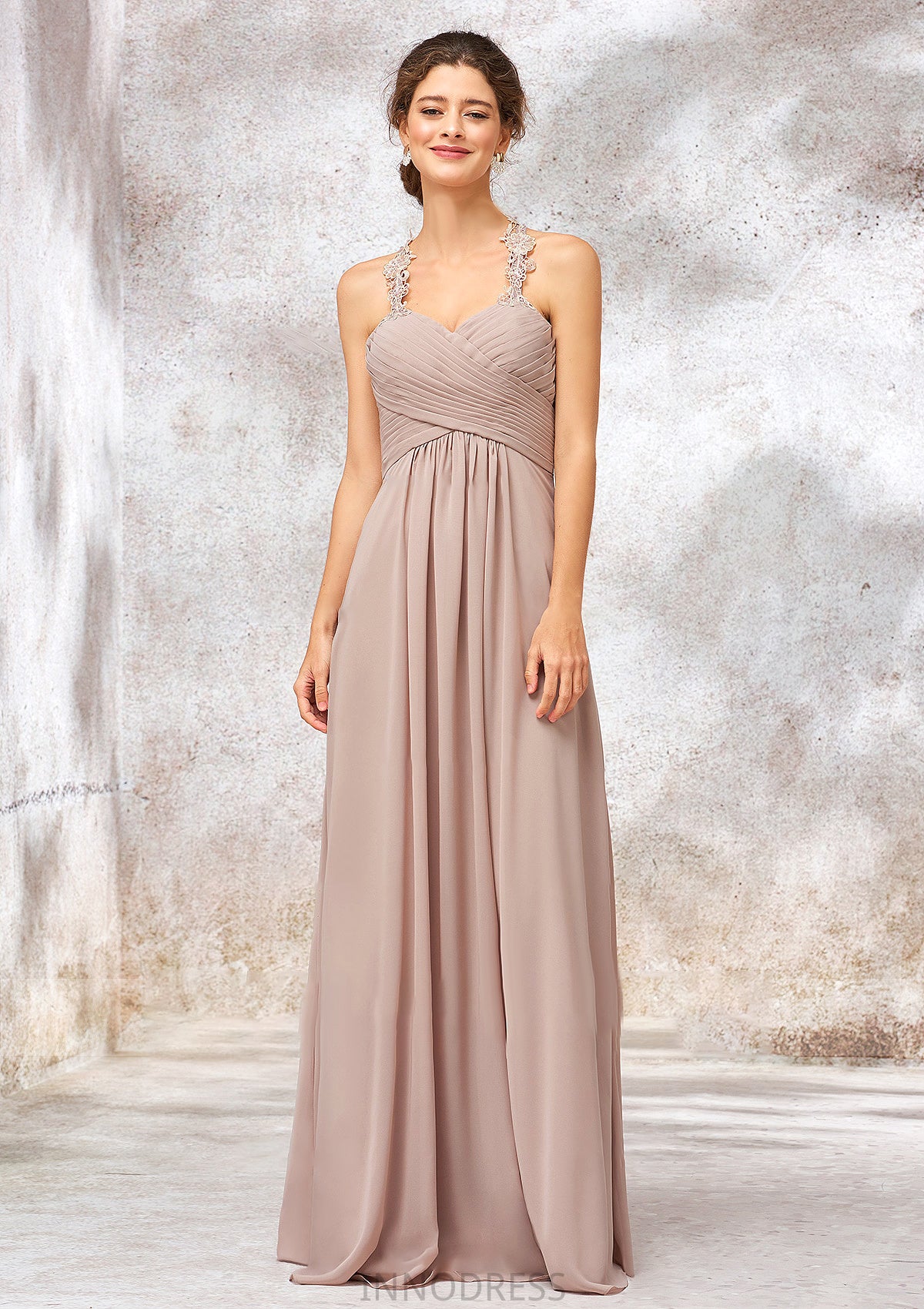 A-line Sweetheart Sleeveless Chiffon Long/Floor-Length Bridesmaid Dresses With Lace Pleated Makenzie DPP0025365