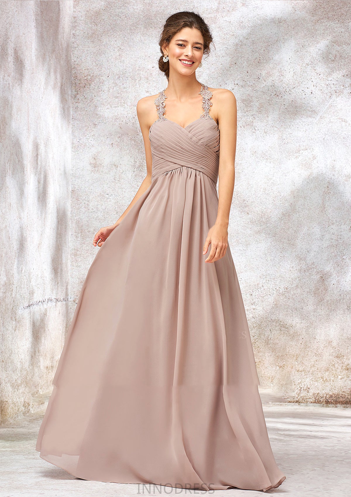 A-line Sweetheart Sleeveless Chiffon Long/Floor-Length Bridesmaid Dresses With Lace Pleated Makenzie DPP0025365