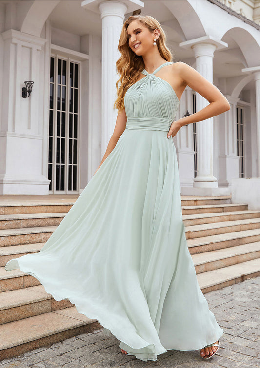 A-line Scalloped Neck Sleeveless Long/Floor-Length Chiffon Bridesmaid Dresses With Pleated Heather DPP0025366