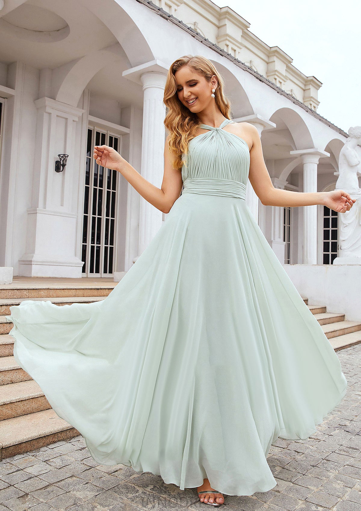 A-line Scalloped Neck Sleeveless Long/Floor-Length Chiffon Bridesmaid Dresses With Pleated Heather DPP0025366