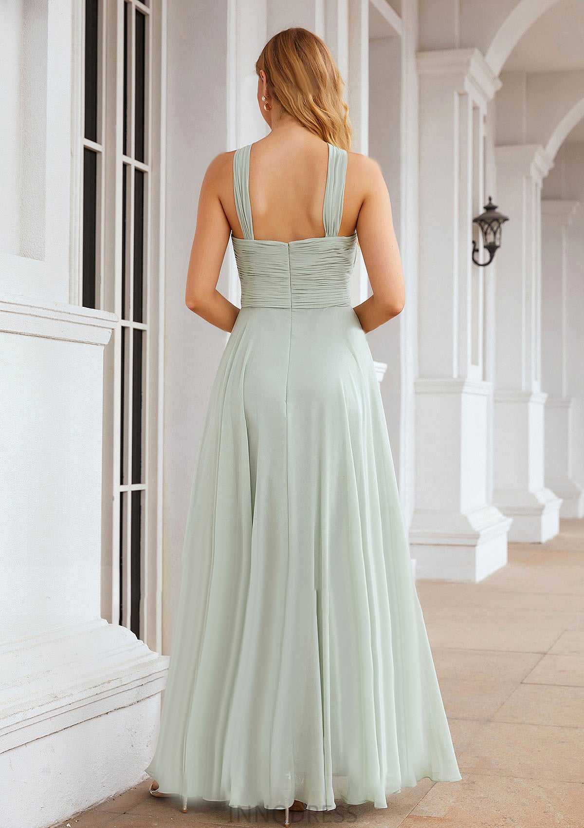 A-line Scalloped Neck Sleeveless Long/Floor-Length Chiffon Bridesmaid Dresses With Pleated Heather DPP0025366