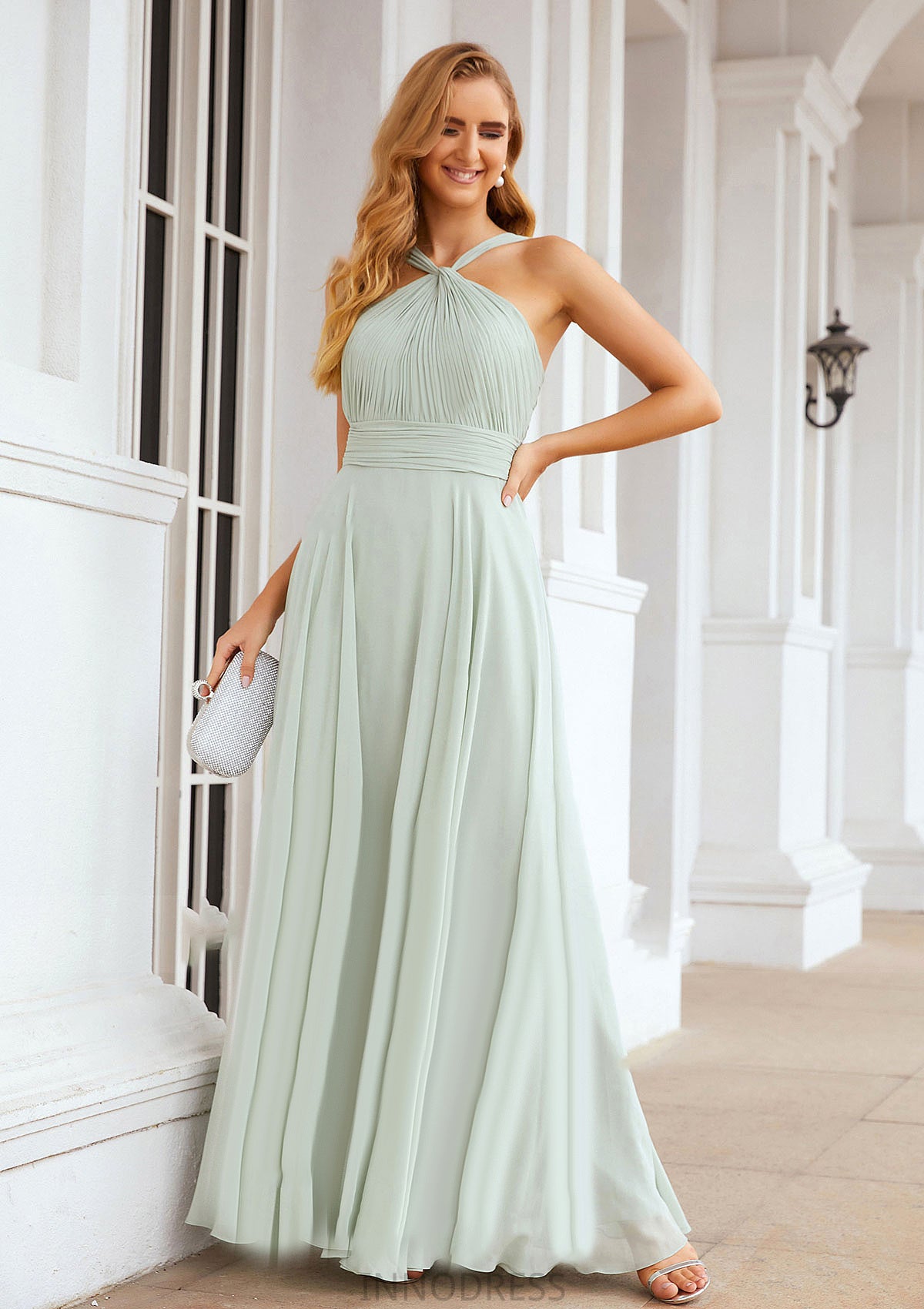 A-line Scalloped Neck Sleeveless Long/Floor-Length Chiffon Bridesmaid Dresses With Pleated Heather DPP0025366