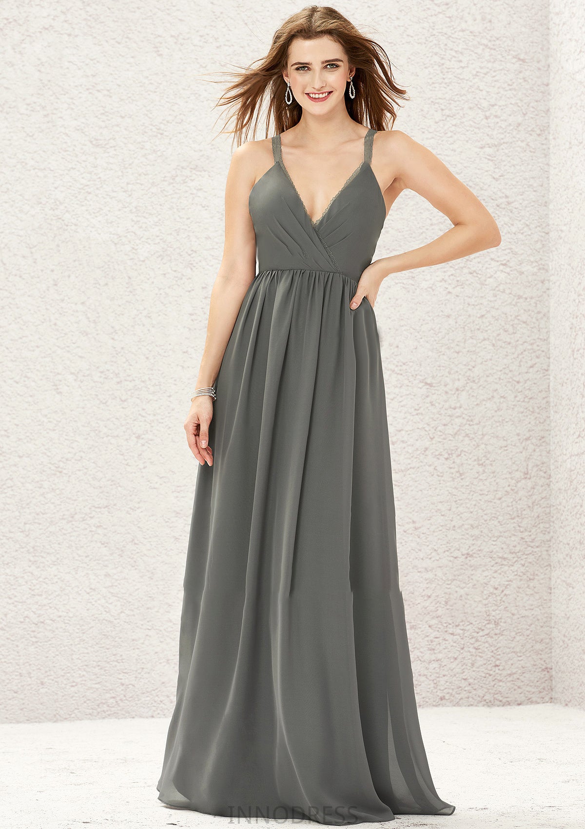 A-line V Neck Sleeveless Chiffon Long/Floor-Length Bridesmaid Dresses With Pleated Lace Alani DPP0025367