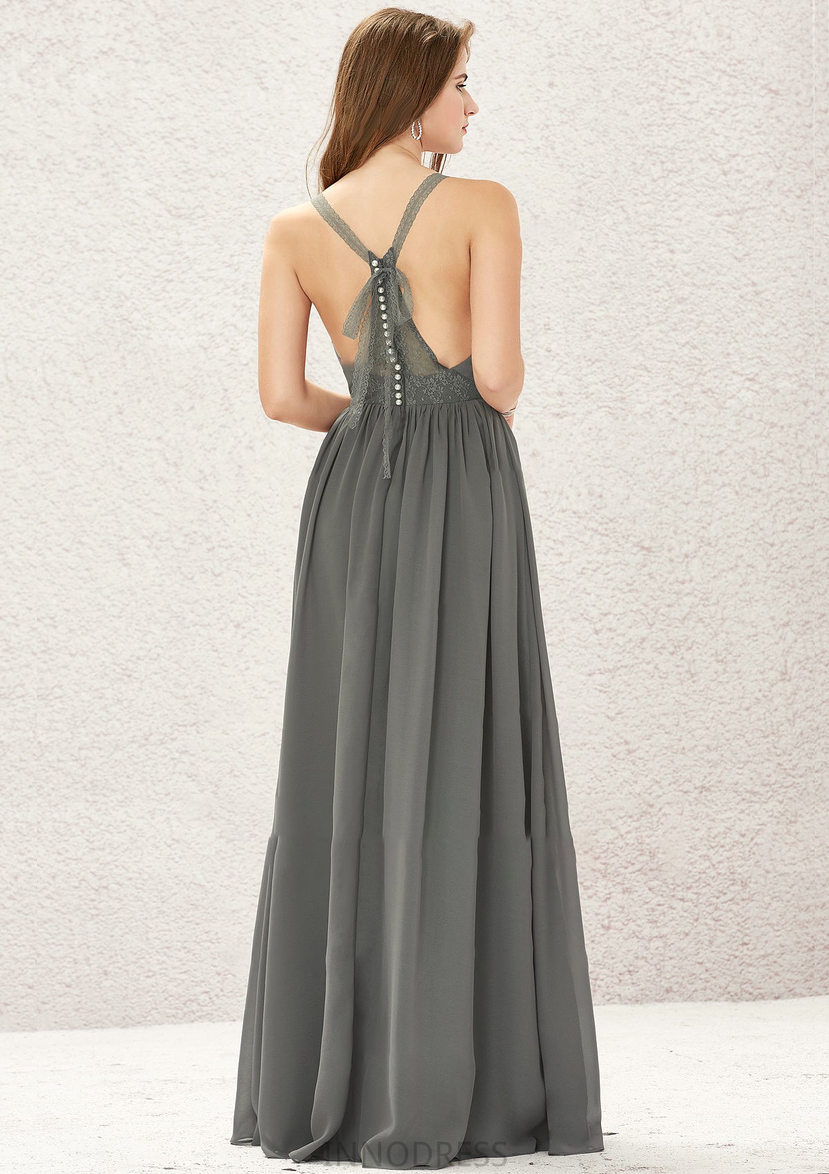 A-line V Neck Sleeveless Chiffon Long/Floor-Length Bridesmaid Dresses With Pleated Lace Alani DPP0025367