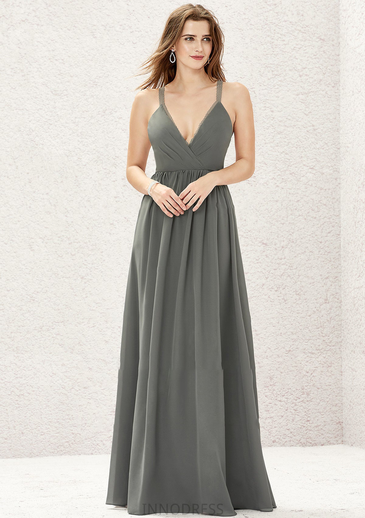 A-line V Neck Sleeveless Chiffon Long/Floor-Length Bridesmaid Dresses With Pleated Lace Alani DPP0025367