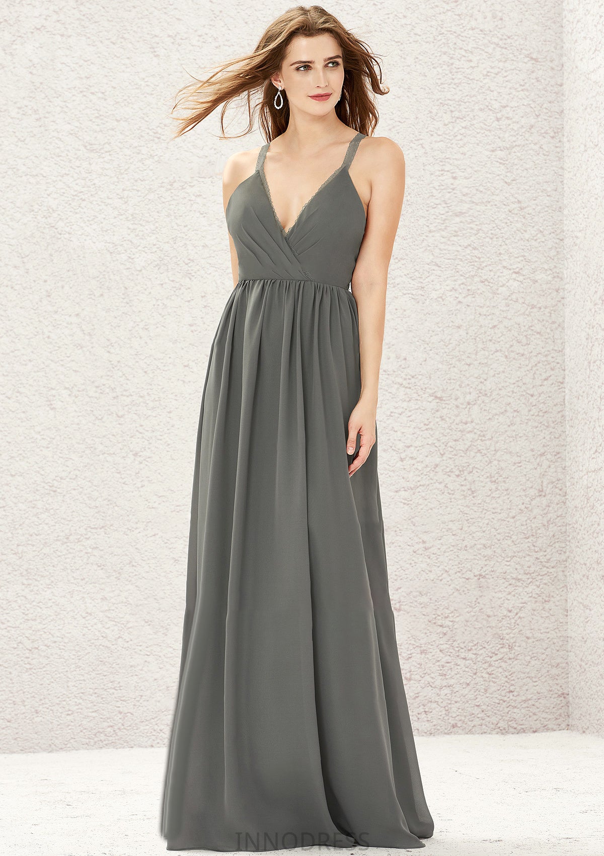 A-line V Neck Sleeveless Chiffon Long/Floor-Length Bridesmaid Dresses With Pleated Lace Alani DPP0025367