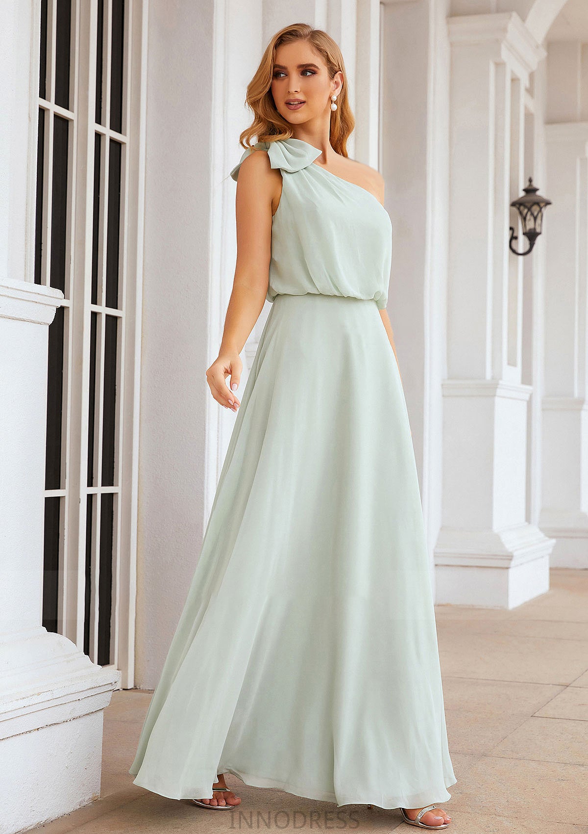 A-line One-Shoulder Sleeveless Long/Floor-Length Chiffon Bridesmaid Dresses With Shoulder Flower Felicity DPP0025369