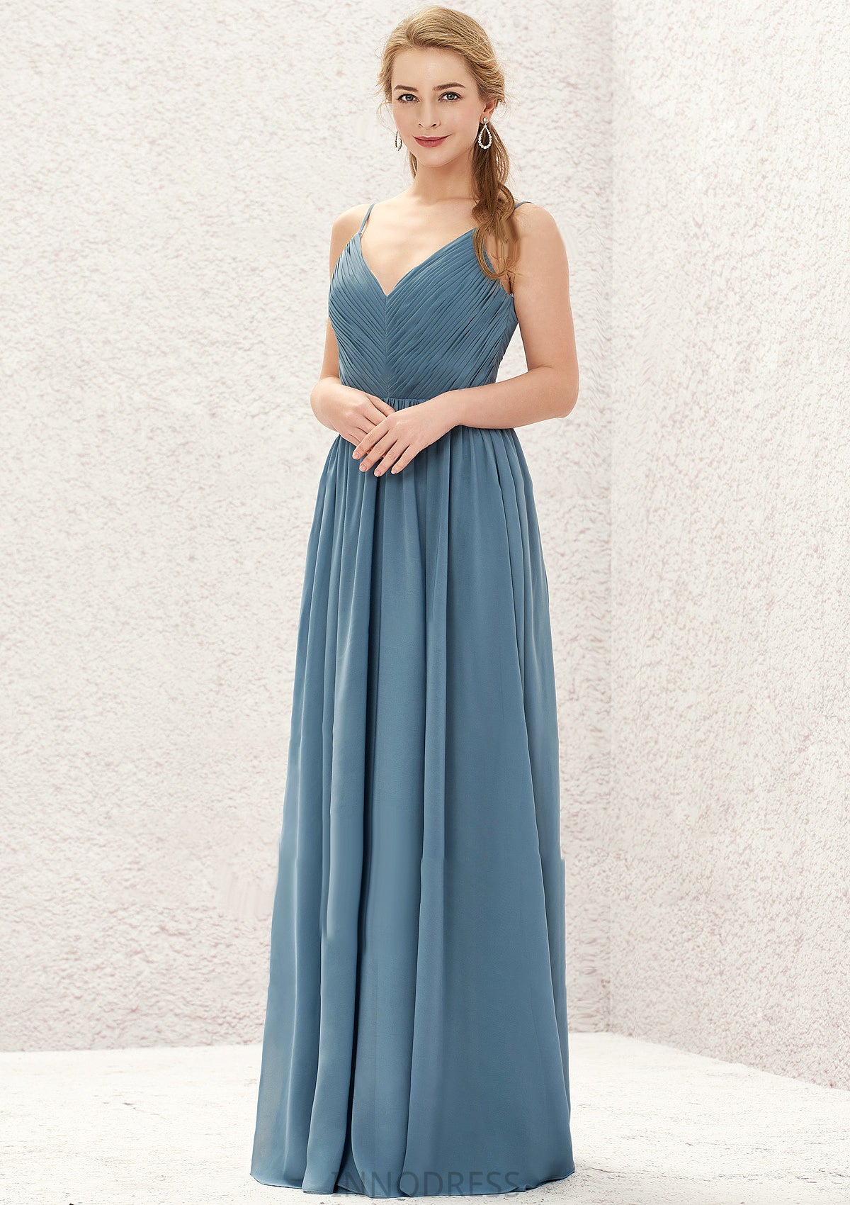 A-line V Neck Sleeveless Chiffon Long/Floor-Length Bridesmaid Dresses With Pleated Ashleigh DPP0025370