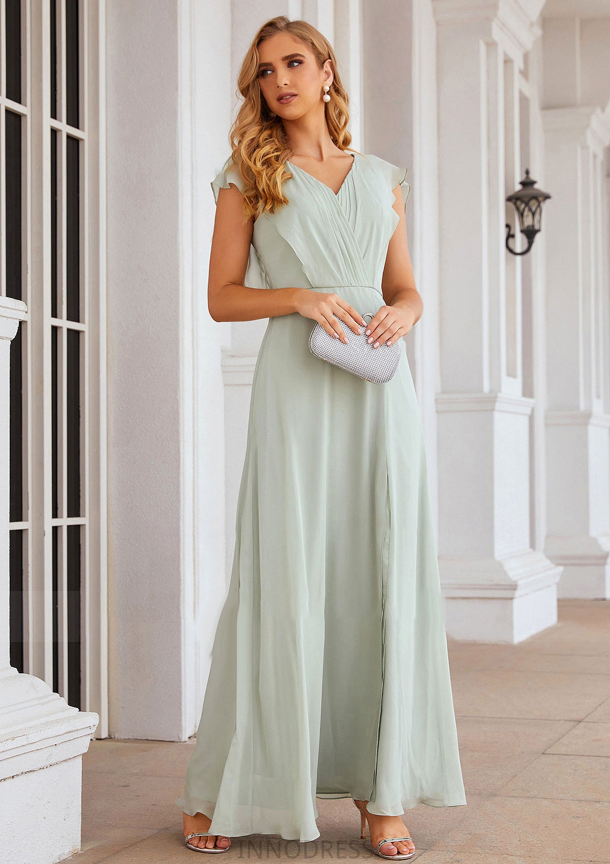 A-line V Neck Sleeveless Long/Floor-Length Chiffon Bridesmaid Dresses With Pleated Split Carolina DPP0025372