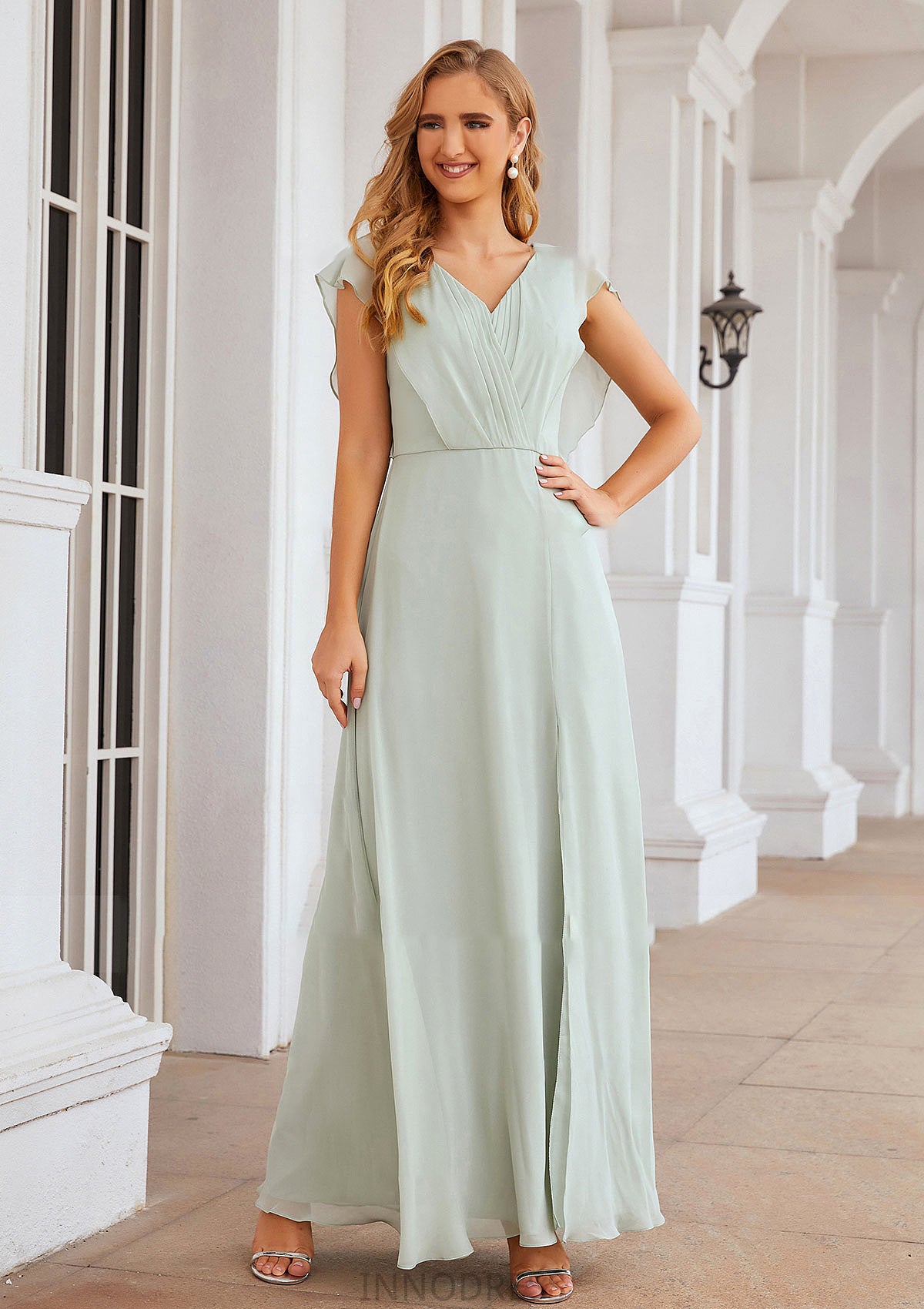 A-line V Neck Sleeveless Long/Floor-Length Chiffon Bridesmaid Dresses With Pleated Split Carolina DPP0025372