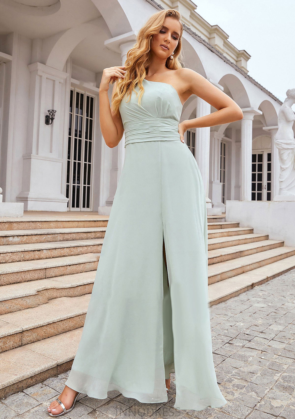 Sheath/Column One-Shoulder Sleeveless Long Chiffon Bridesmaid Dresseses With Pleated Waistband Split Selena DPP0025373