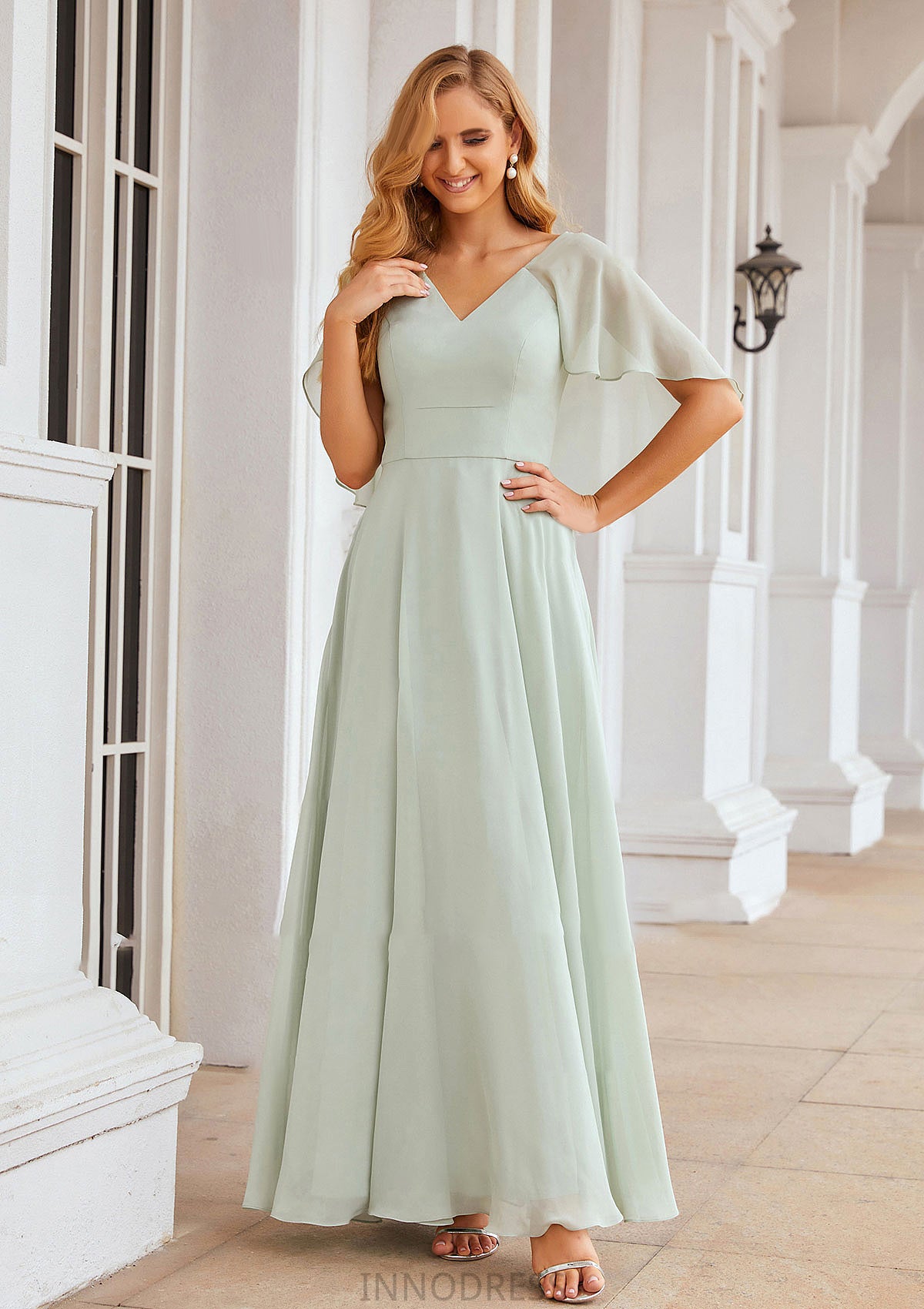 A-line V Neck Short Sleeve Long/Floor-Length Chiffon Bridesmaid Dresses Sue DPP0025376