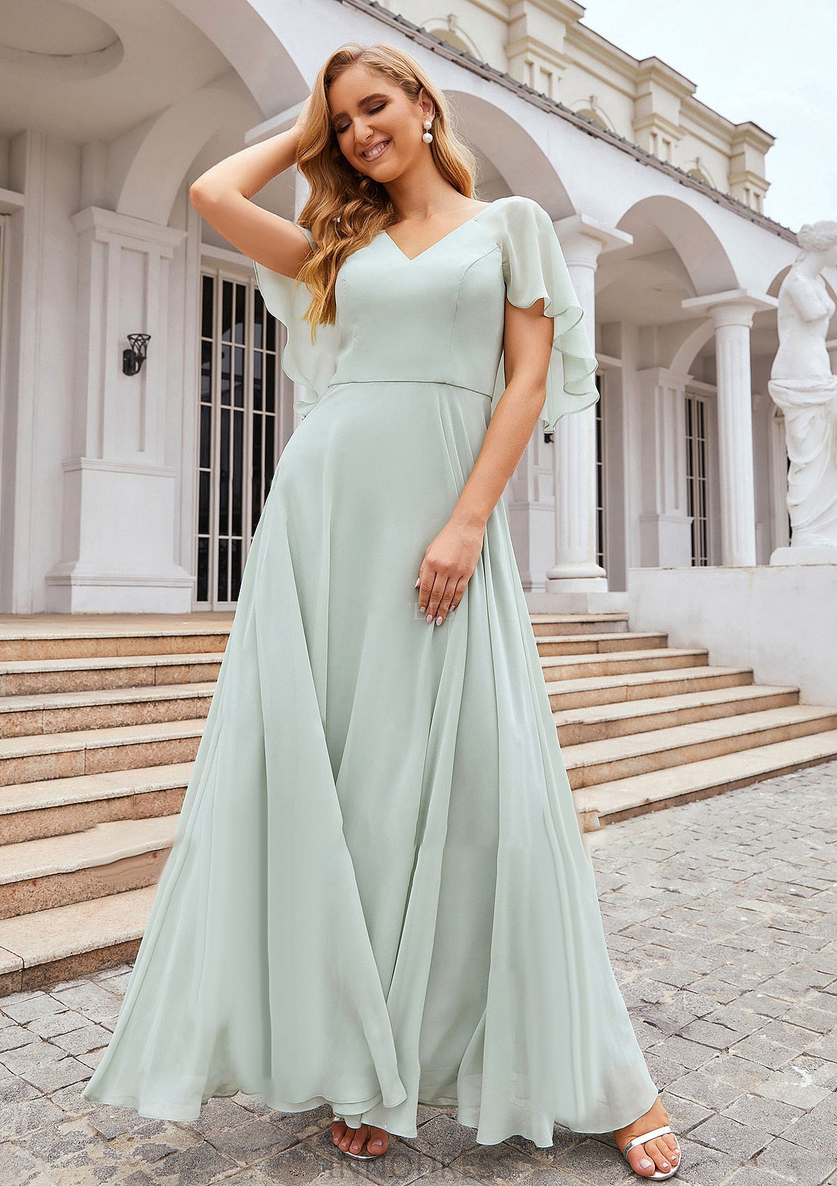 A-line V Neck Short Sleeve Long/Floor-Length Chiffon Bridesmaid Dresses Sue DPP0025376