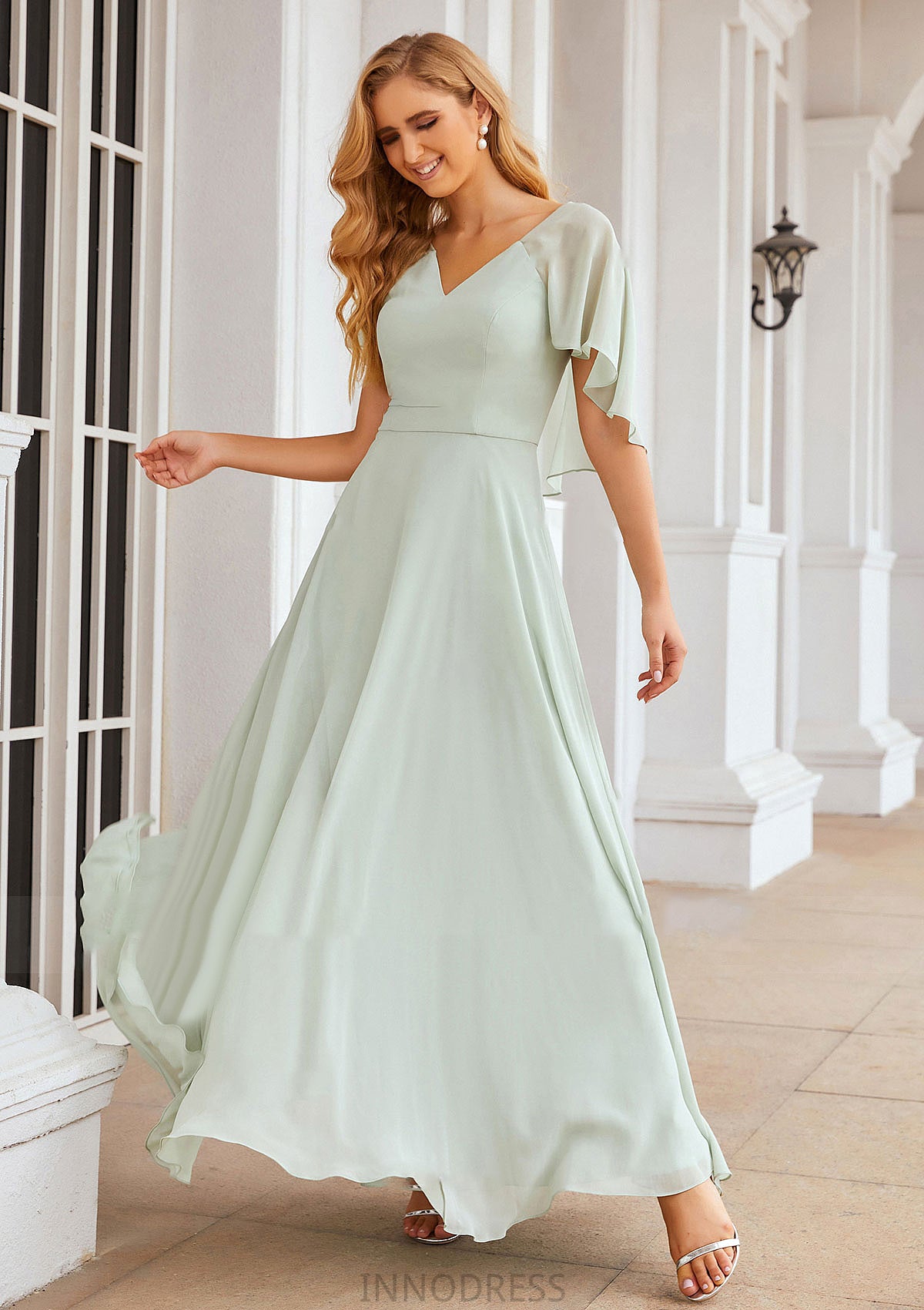 A-line V Neck Short Sleeve Long/Floor-Length Chiffon Bridesmaid Dresses Sue DPP0025376