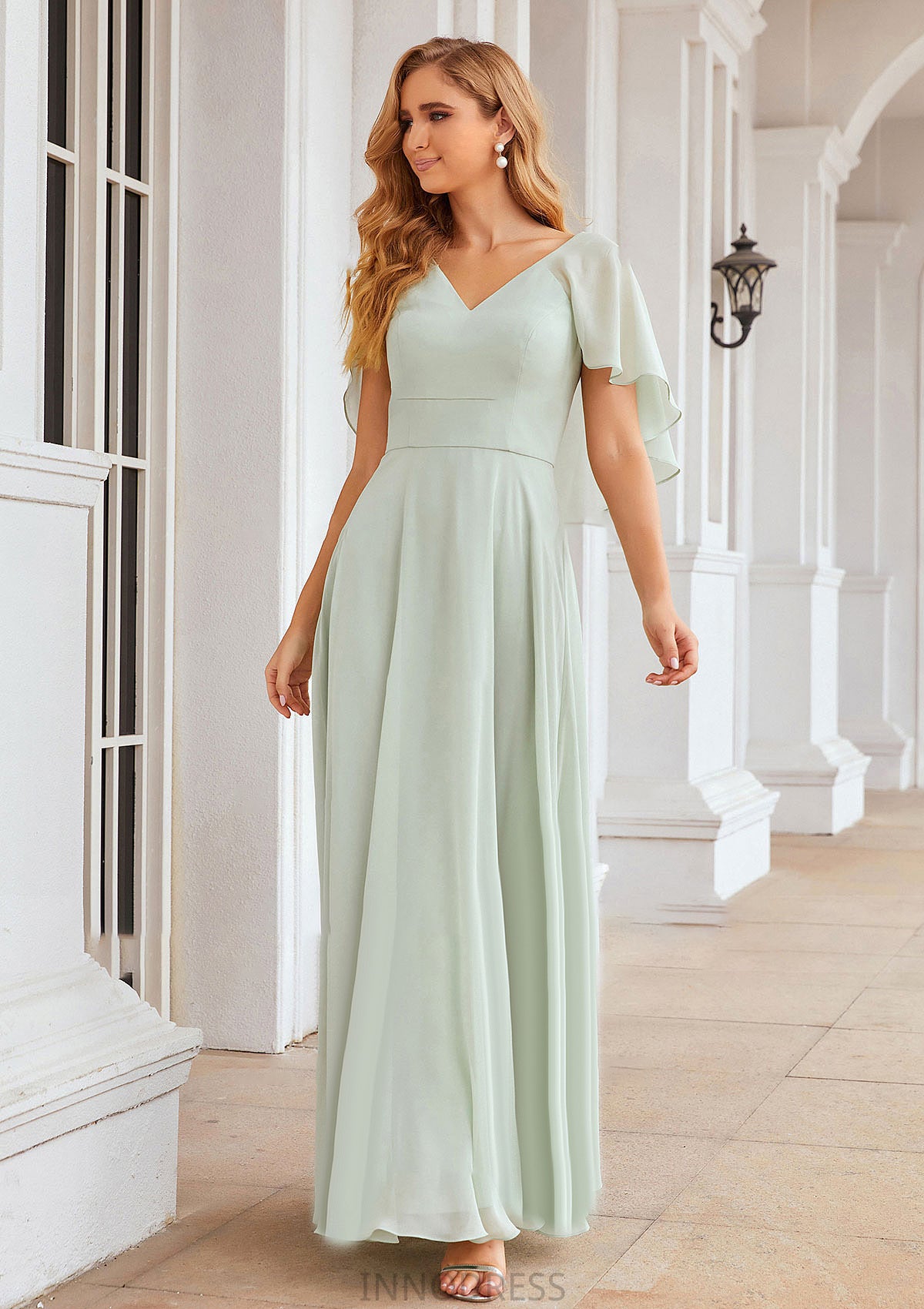 A-line V Neck Short Sleeve Long/Floor-Length Chiffon Bridesmaid Dresses Sue DPP0025376