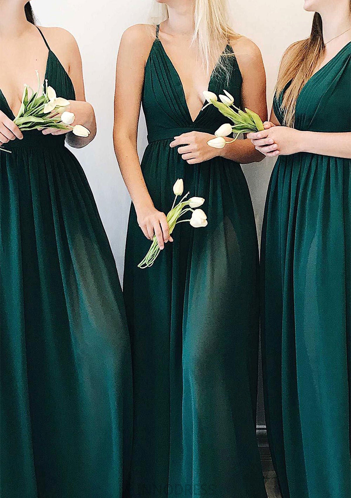 A-line V Neck Sleeveless Long/Floor-Length Chiffon Bridesmaid Dresses With Pleated Lia DPP0025377