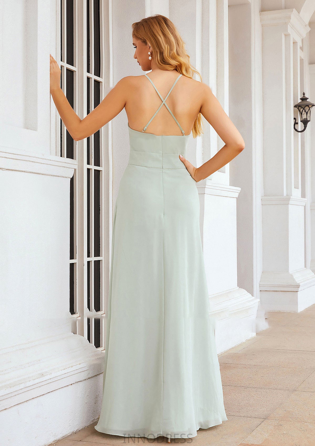 A-line Scoop Neck Sleeveless Long/Floor-Length Chiffon Bridesmaid Dresses With Pleated Pockets Hilary DPP0025378