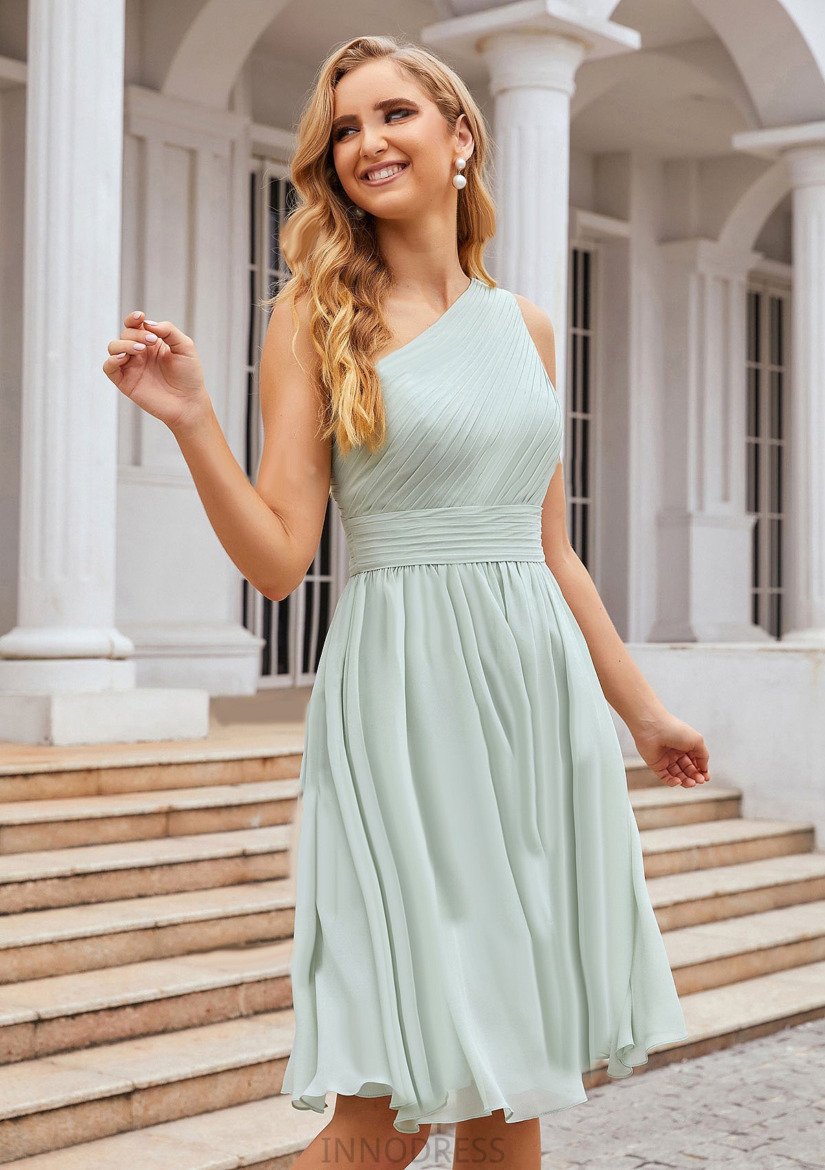 A-line One-Shoulder Sleeveless Chiffon Knee-Length Bridesmaid Dresses With Pleated Caroline DPP0025379