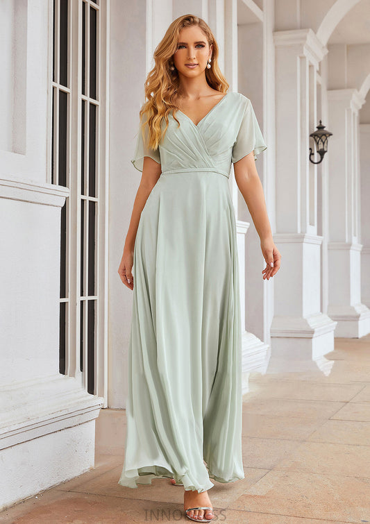 A-line V Neck Short Sleeve Chiffon Long/Floor-Length Bridesmaid Dresses With Pleated Waistband Gemma DPP0025381