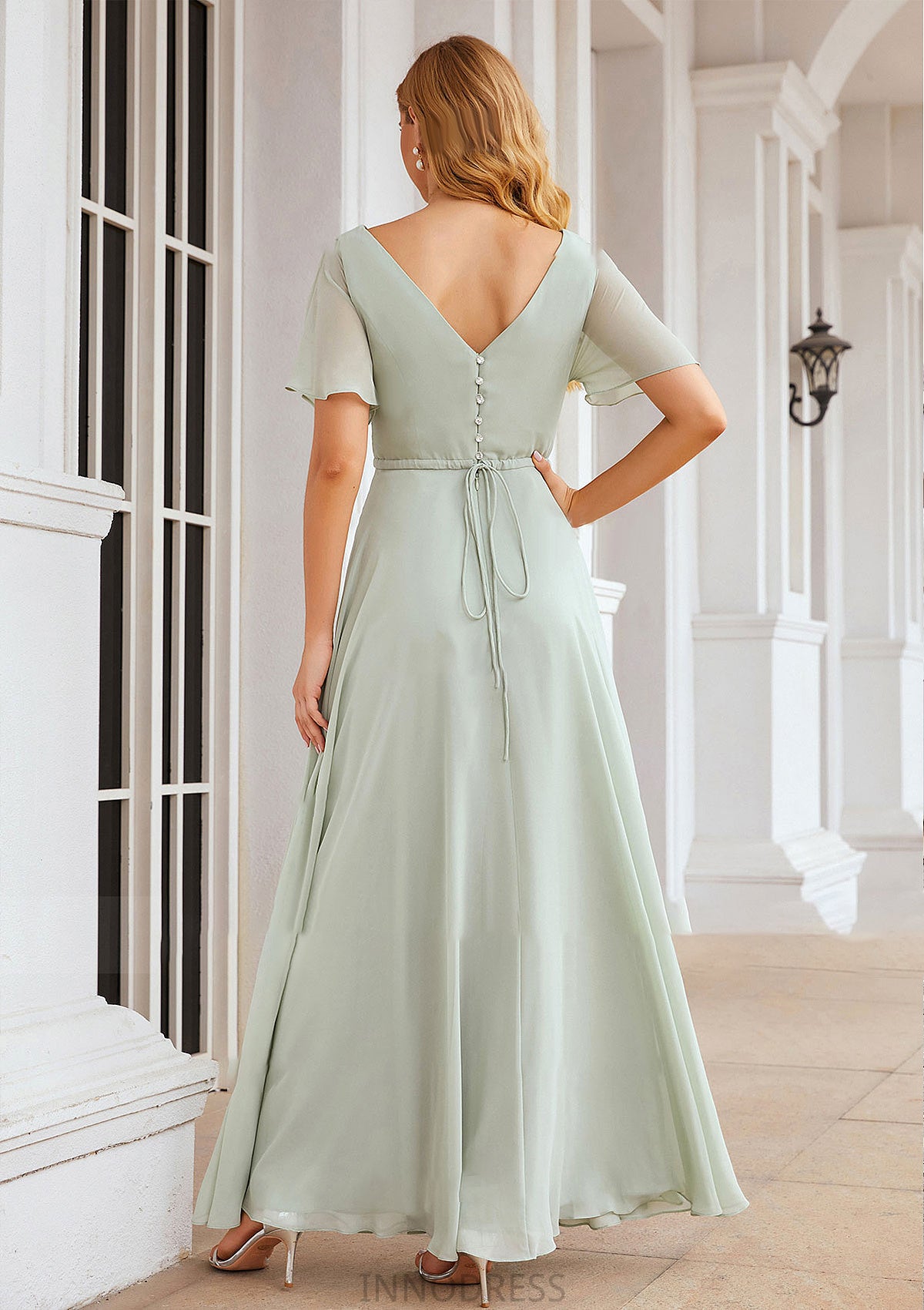 A-line V Neck Short Sleeve Chiffon Long/Floor-Length Bridesmaid Dresses With Pleated Waistband Gemma DPP0025381