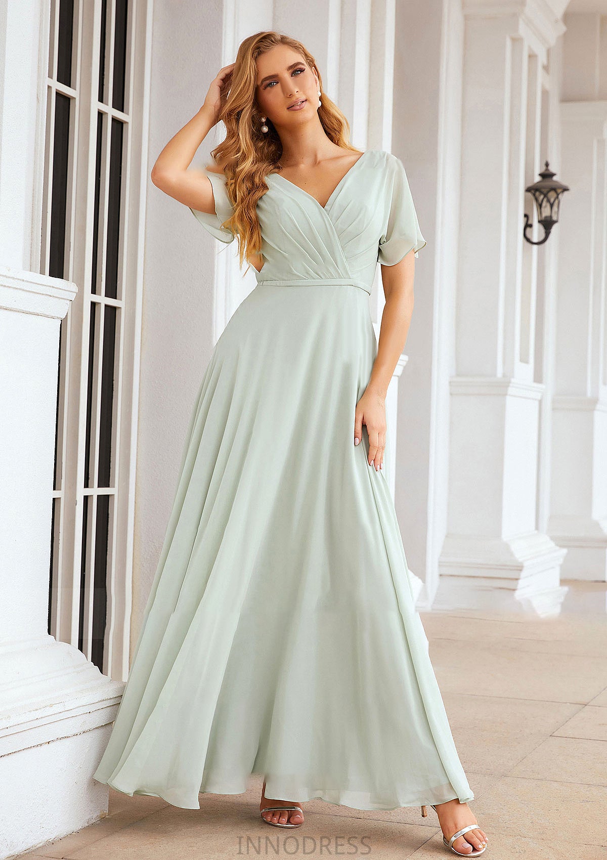 A-line V Neck Short Sleeve Chiffon Long/Floor-Length Bridesmaid Dresses With Pleated Waistband Gemma DPP0025381