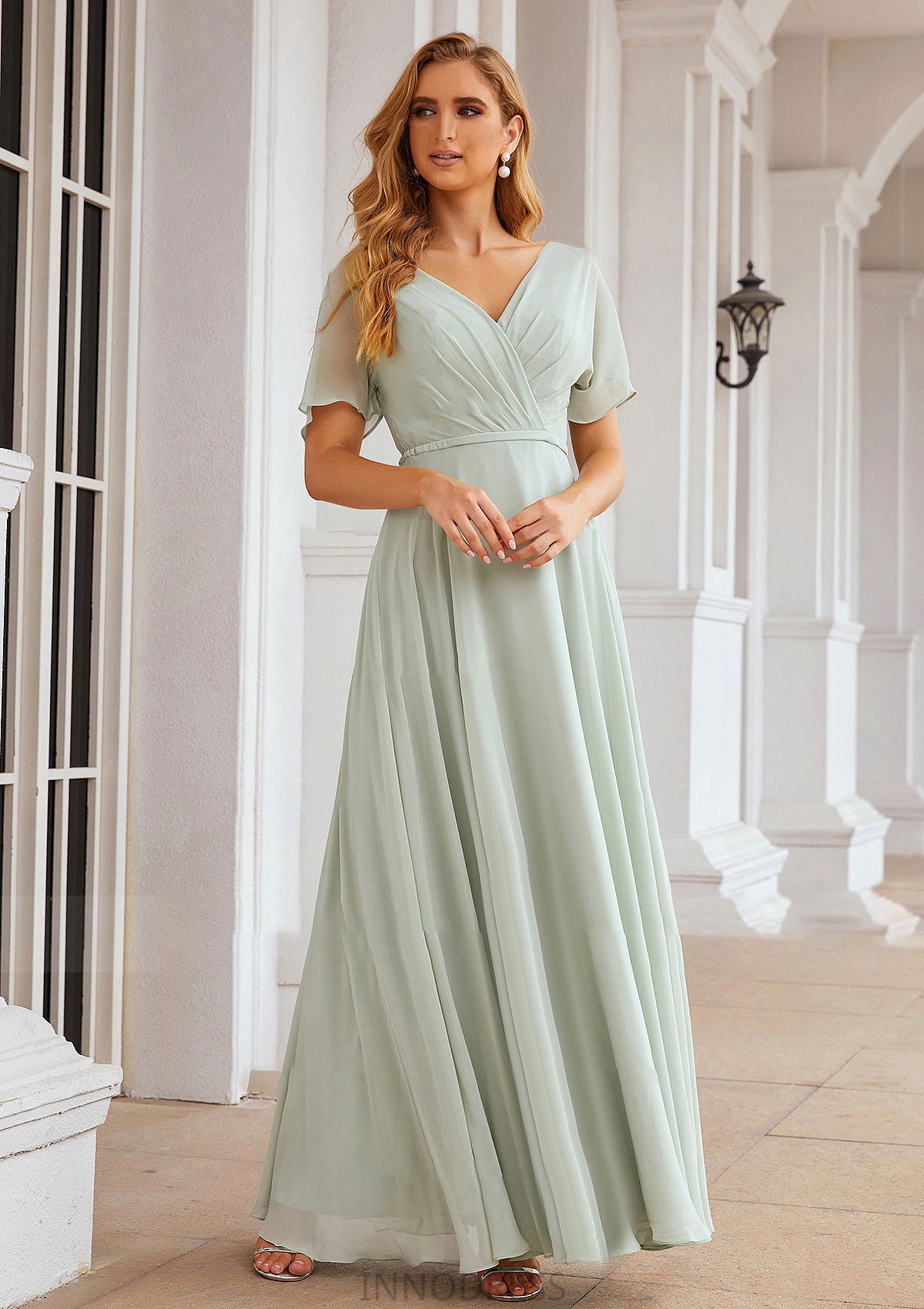 A-line V Neck Short Sleeve Chiffon Long/Floor-Length Bridesmaid Dresses With Pleated Waistband Gemma DPP0025381