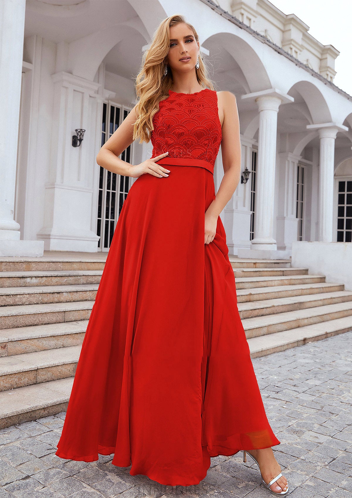 A-line Empire Scalloped Neck Sleeveless Chiffon Long/Floor-Length Bridesmaid Dresses With Beading Sequins Adrienne DPP0025392