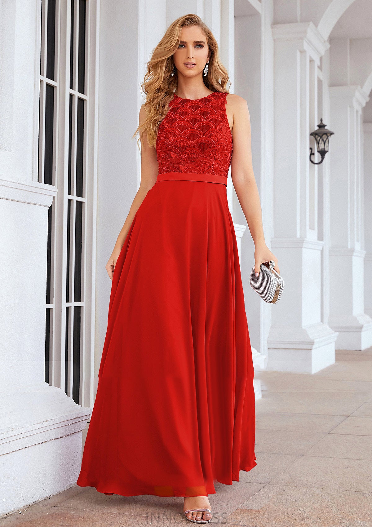 A-line Empire Scalloped Neck Sleeveless Chiffon Long/Floor-Length Bridesmaid Dresses With Beading Sequins Adrienne DPP0025392