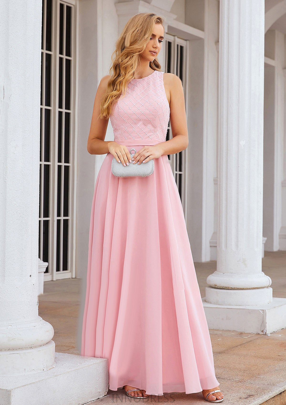 A-line Scalloped Neck Sleeveless Chiffon Long/Floor-Length Bridesmaid Dresses With Beading Jaidyn DPP0025393