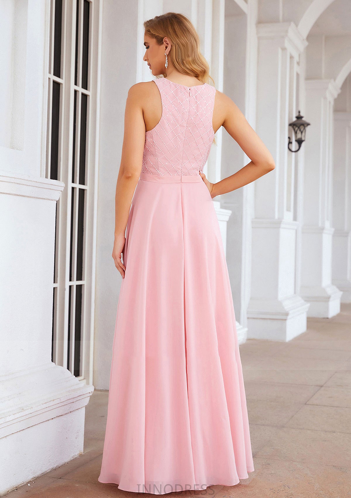 A-line Scalloped Neck Sleeveless Chiffon Long/Floor-Length Bridesmaid Dresses With Beading Jaidyn DPP0025393