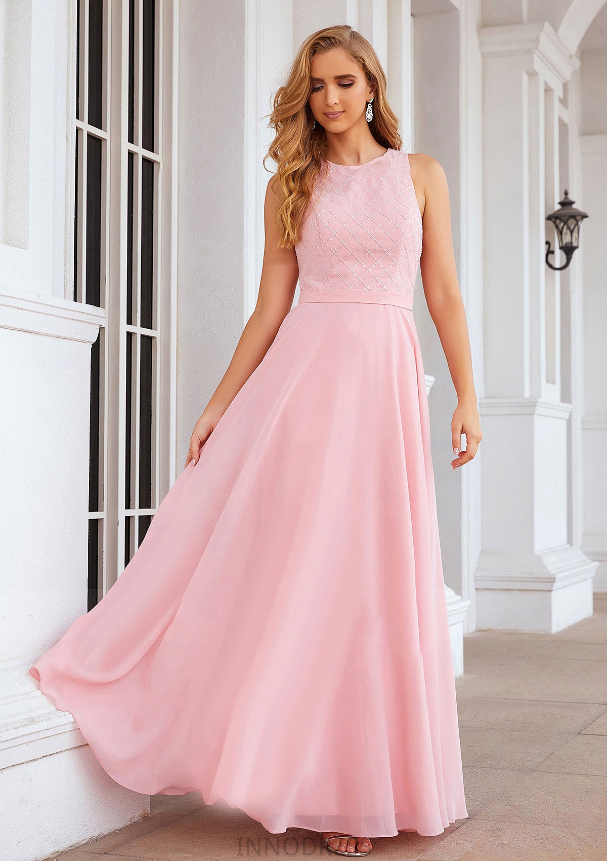 A-line Scalloped Neck Sleeveless Chiffon Long/Floor-Length Bridesmaid Dresses With Beading Jaidyn DPP0025393