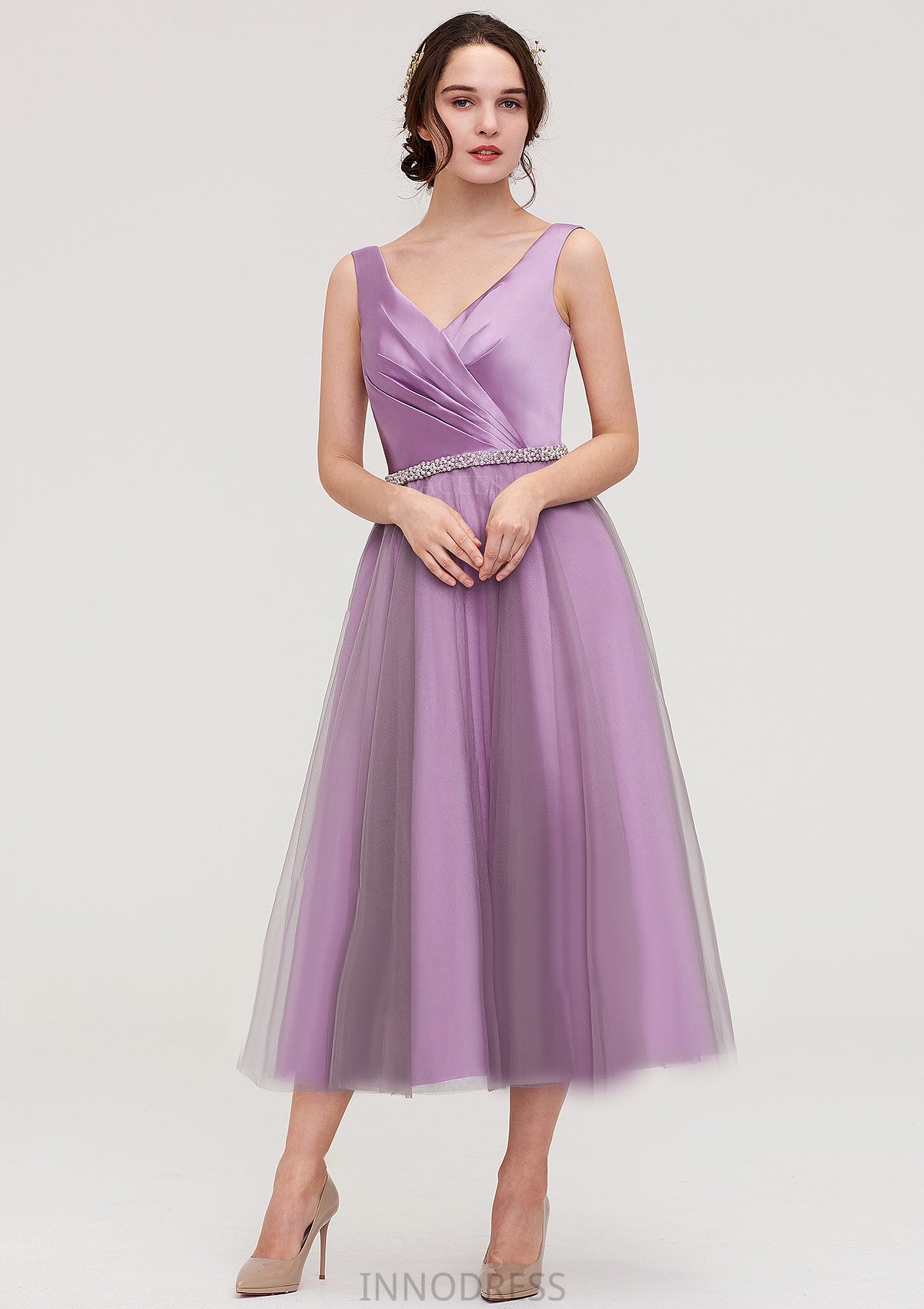 V Neck Sleeveless Tulle Tea-Length A-line/Princess Bridesmaid Dresses With Waistband Beading Pleated Clarissa DPP0025395