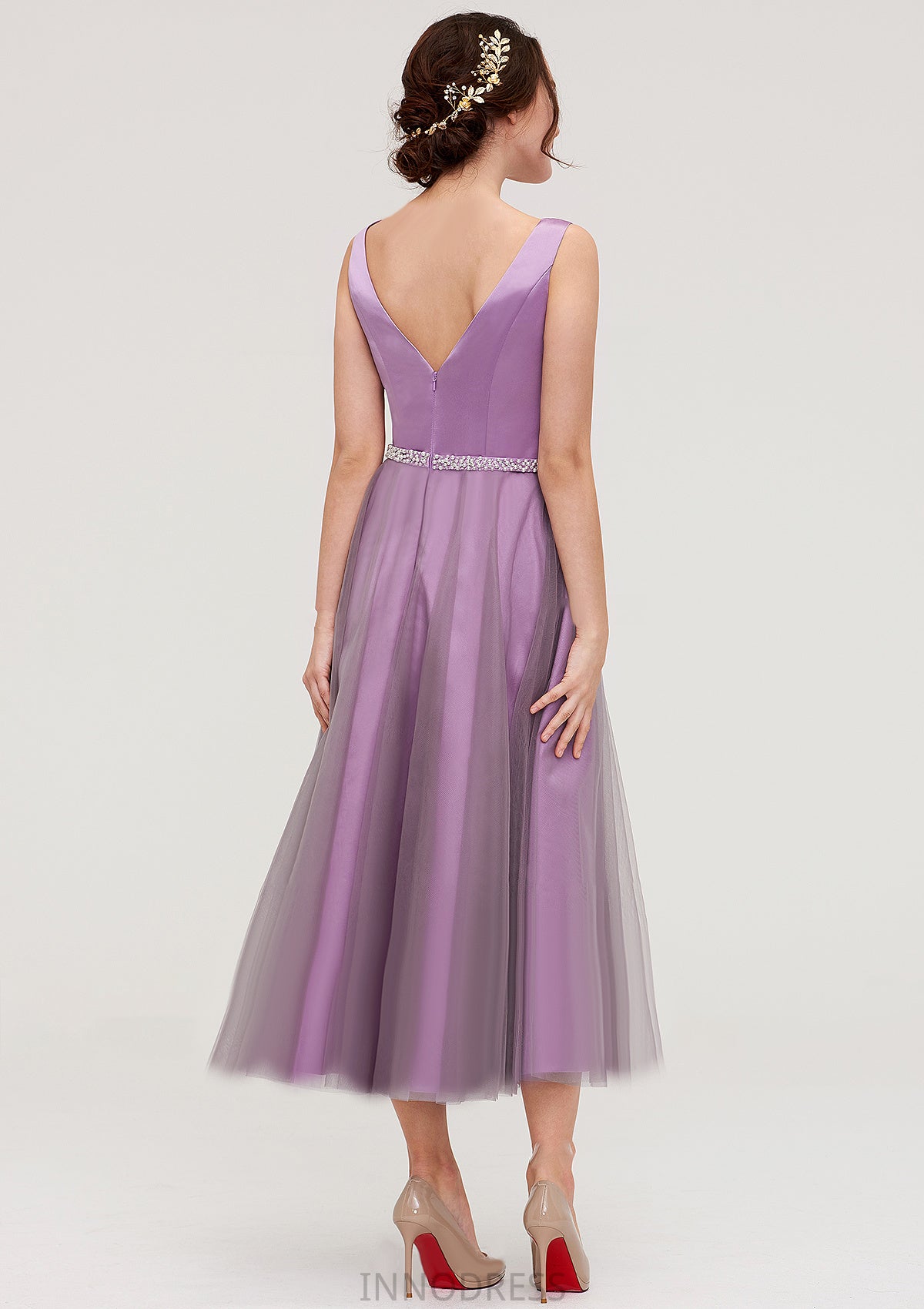 V Neck Sleeveless Tulle Tea-Length A-line/Princess Bridesmaid Dresses With Waistband Beading Pleated Clarissa DPP0025395