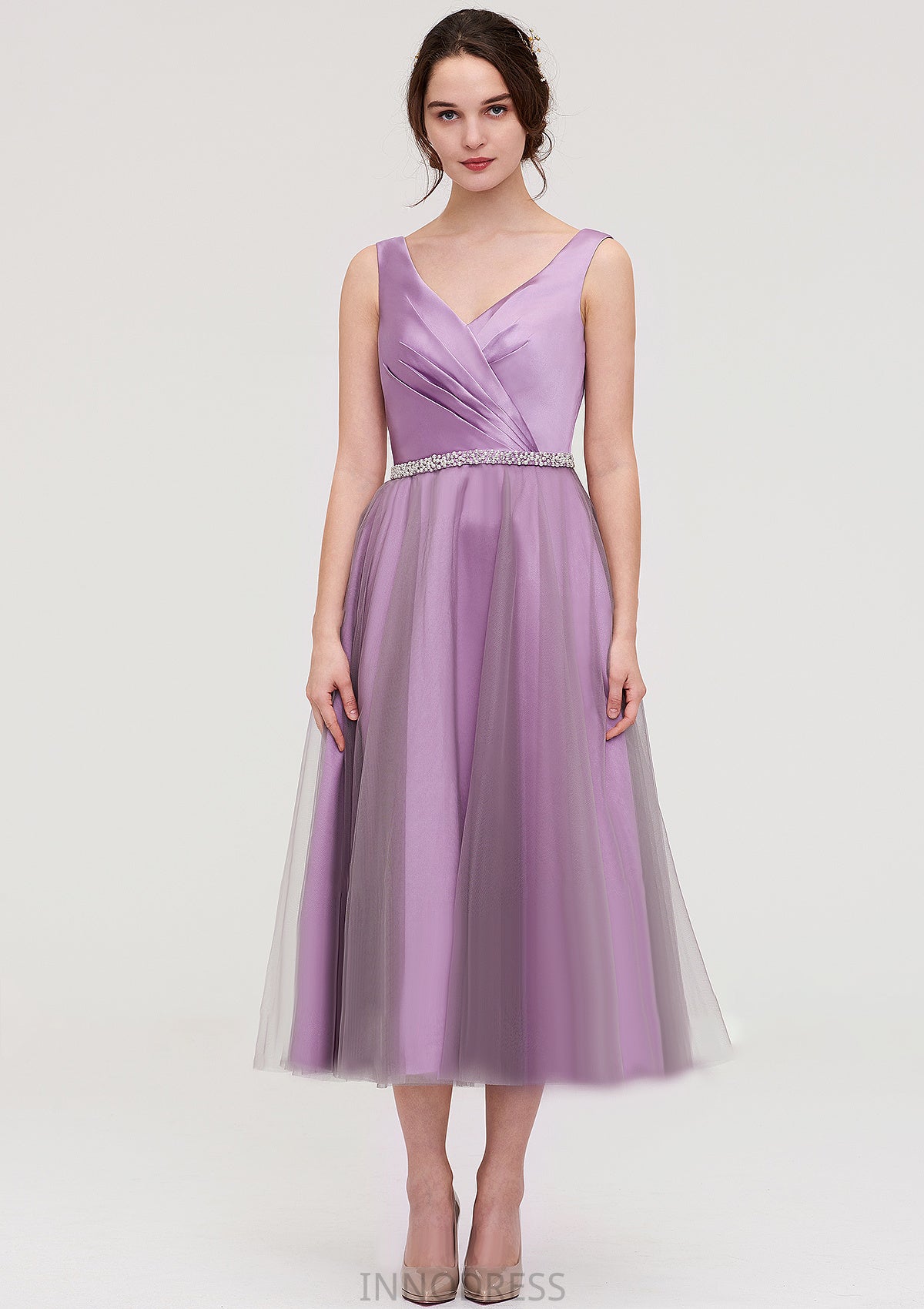 V Neck Sleeveless Tulle Tea-Length A-line/Princess Bridesmaid Dresses With Waistband Beading Pleated Clarissa DPP0025395