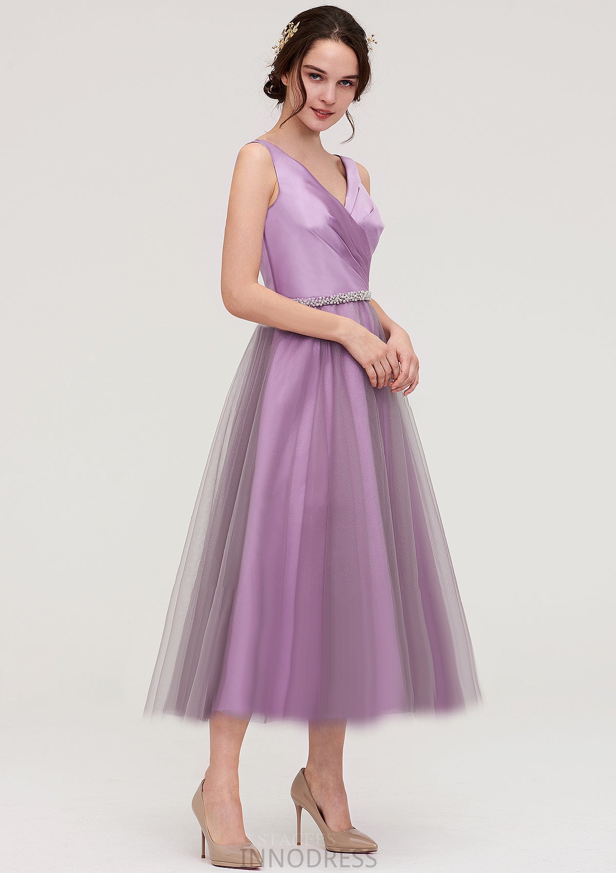 V Neck Sleeveless Tulle Tea-Length A-line/Princess Bridesmaid Dresses With Waistband Beading Pleated Clarissa DPP0025395