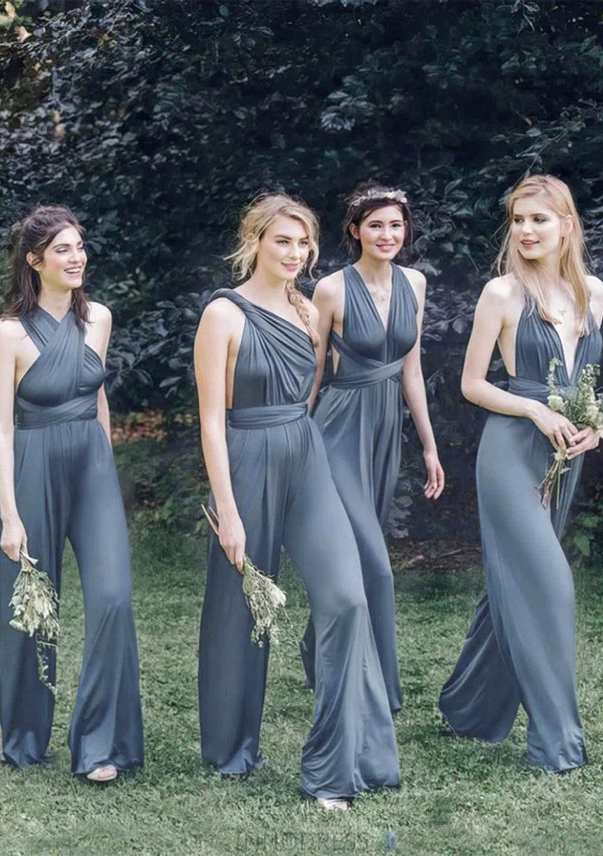 Jumpsuit/Pantsuit Sleeveless Long/Floor-Length Jersey Bridesmaid Dresses With Pleated Diamond DPP0025397