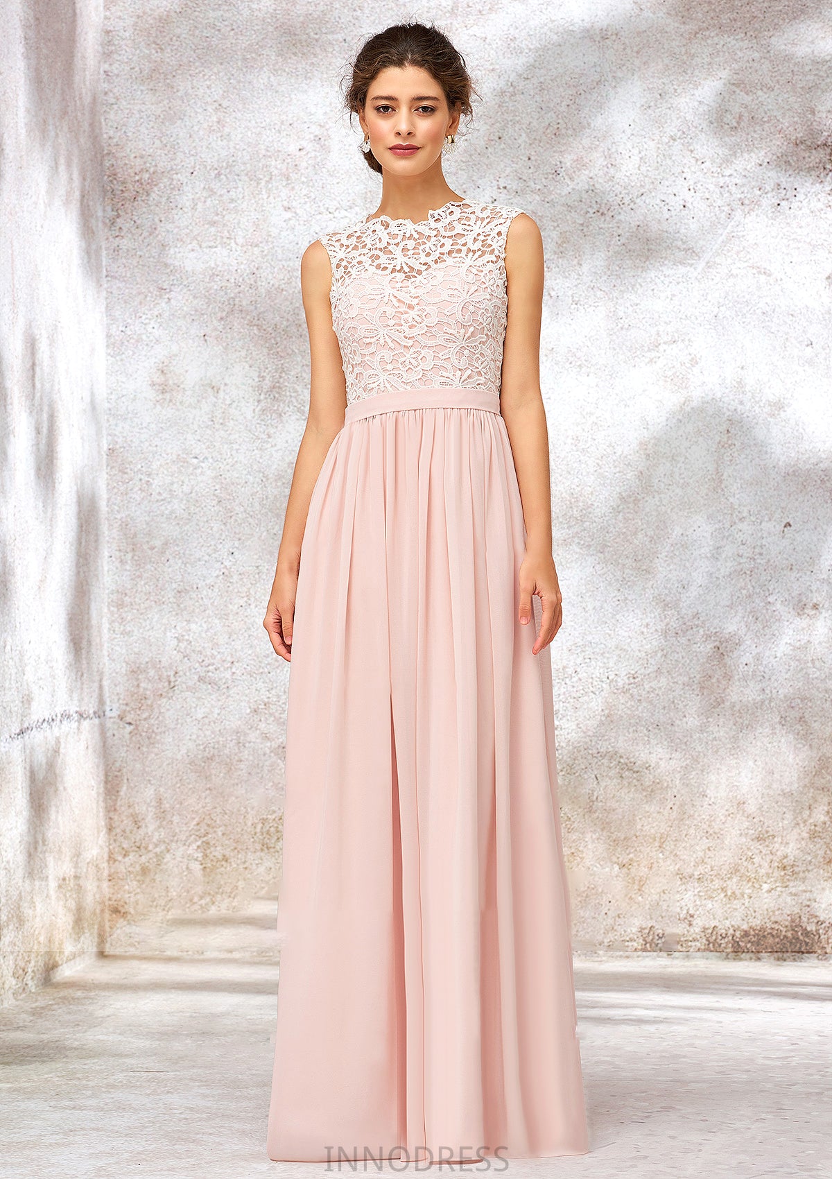 Scoop Neck Sleeveless Long/Floor-Length Chiffon A-line/Princess Bridesmaid Dresses With Lace Marisol DPP0025398