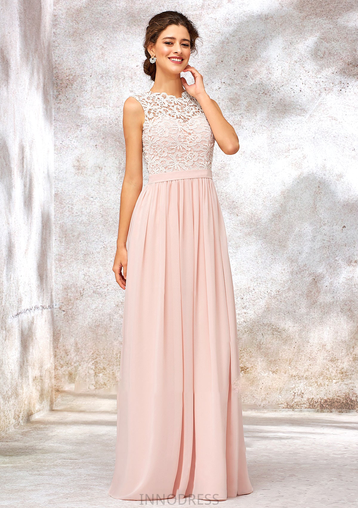 Scoop Neck Sleeveless Long/Floor-Length Chiffon A-line/Princess Bridesmaid Dresses With Lace Marisol DPP0025398