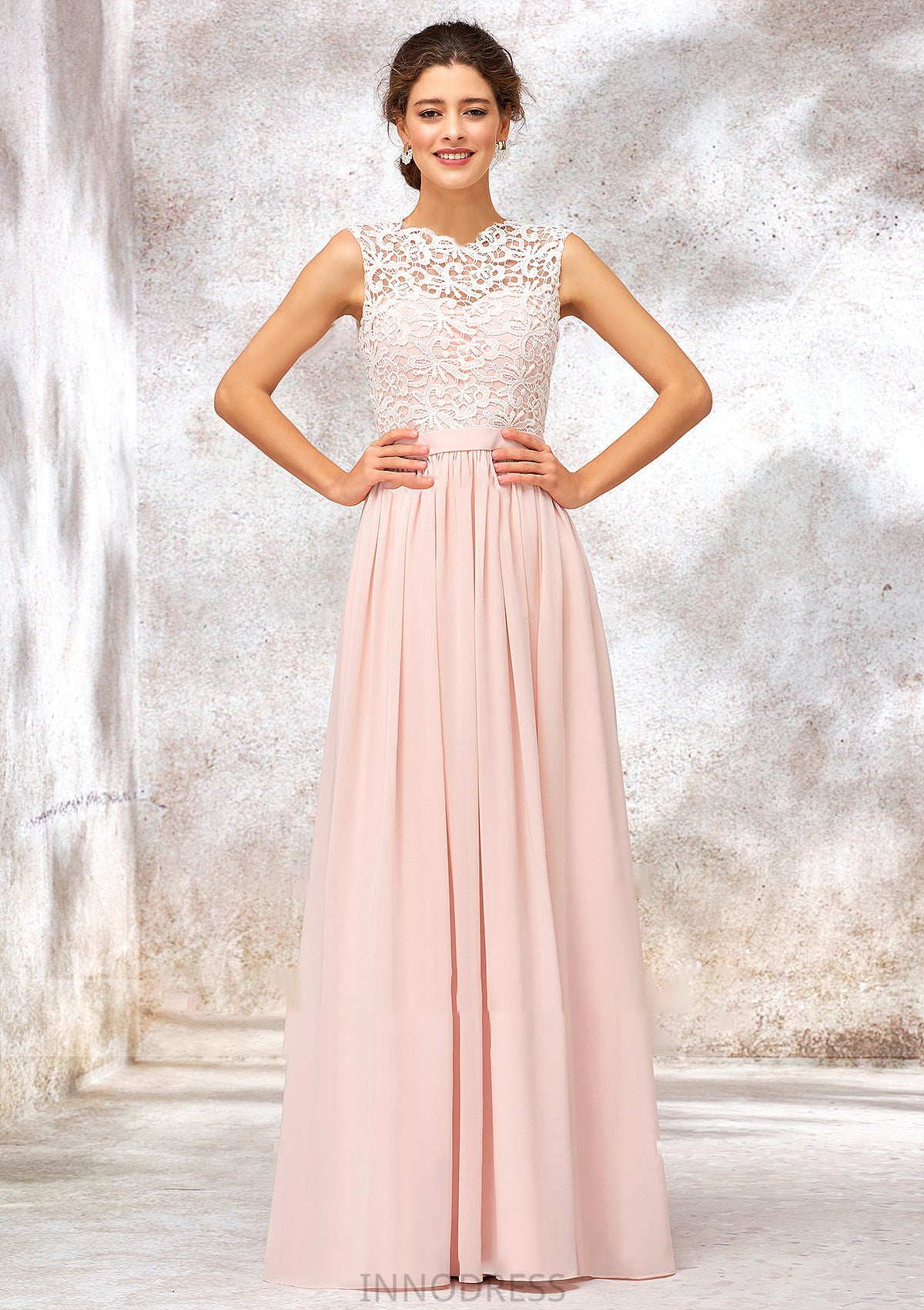 Scoop Neck Sleeveless Long/Floor-Length Chiffon A-line/Princess Bridesmaid Dresses With Lace Marisol DPP0025398